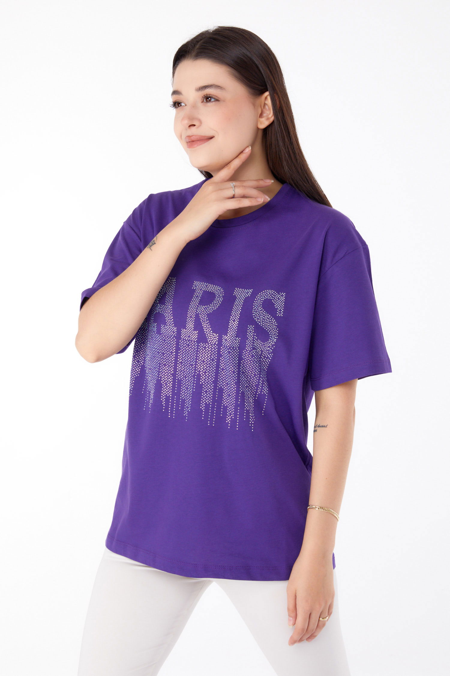 Düz Bisiklet Yaka Kadın Mor Taşlı T-shirt - 25698 - 2