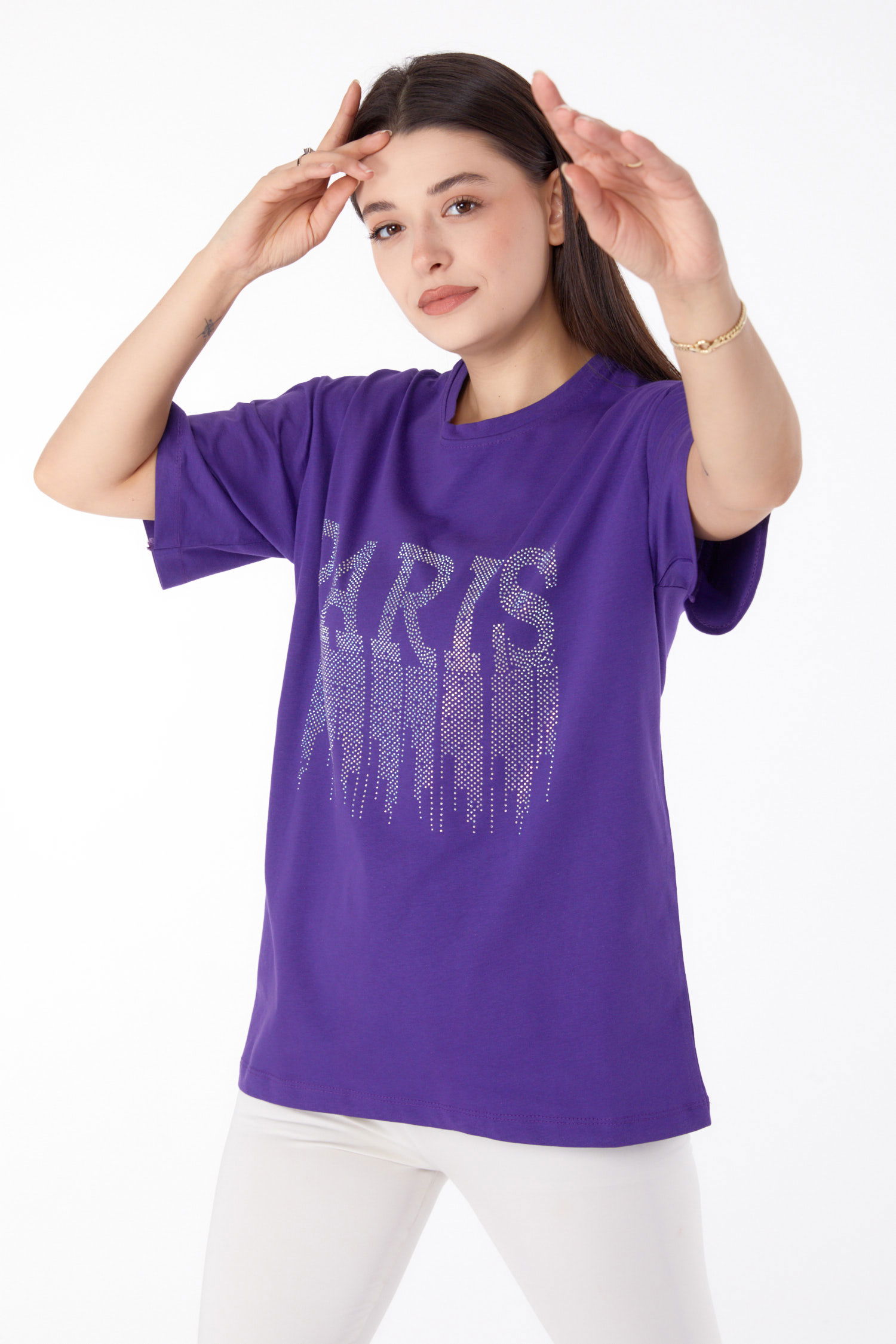 Düz Bisiklet Yaka Kadın Mor Taşlı T-shirt - 25698 - 3