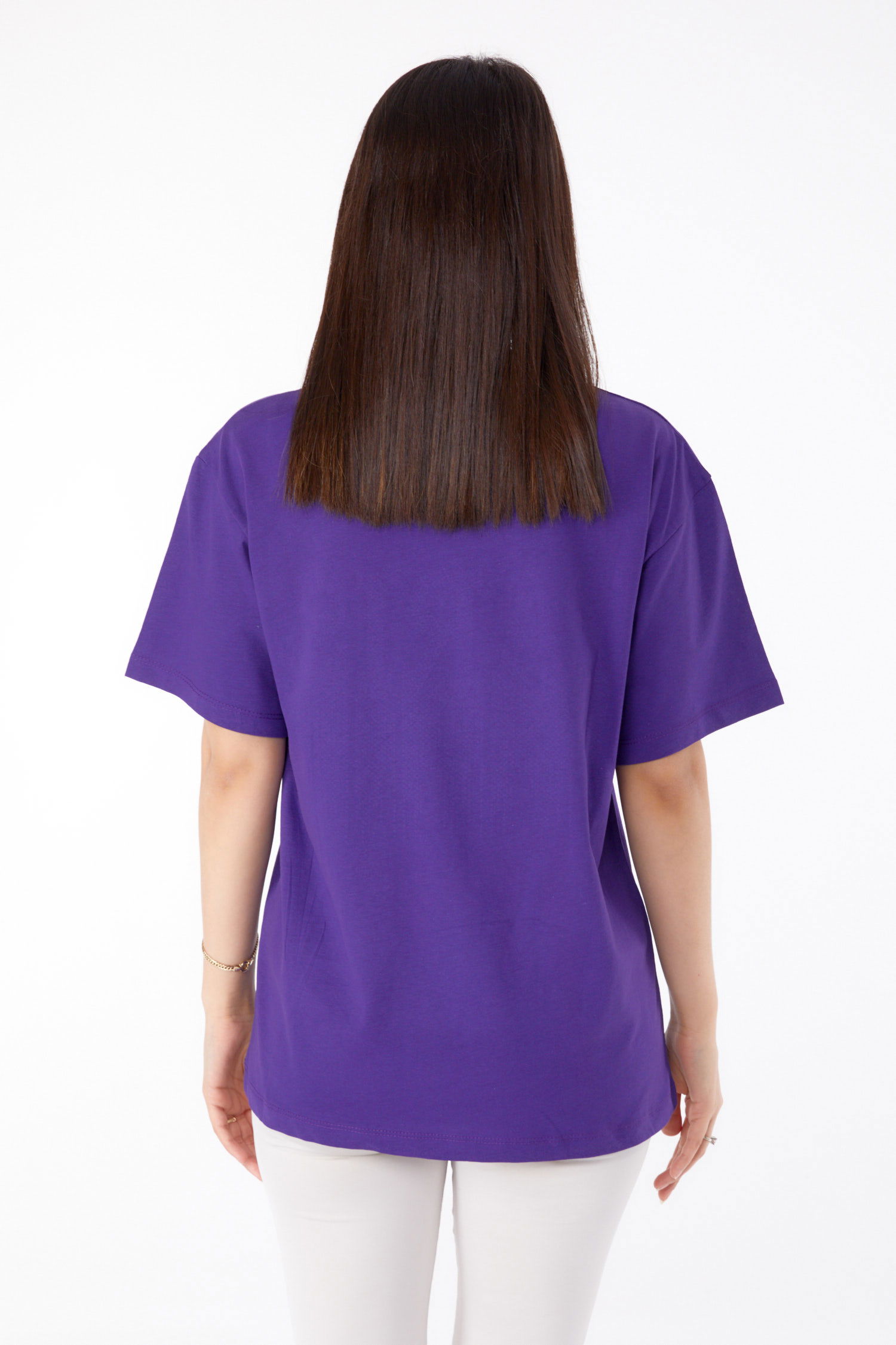 Düz Bisiklet Yaka Kadın Mor Taşlı T-shirt - 25698 - 5