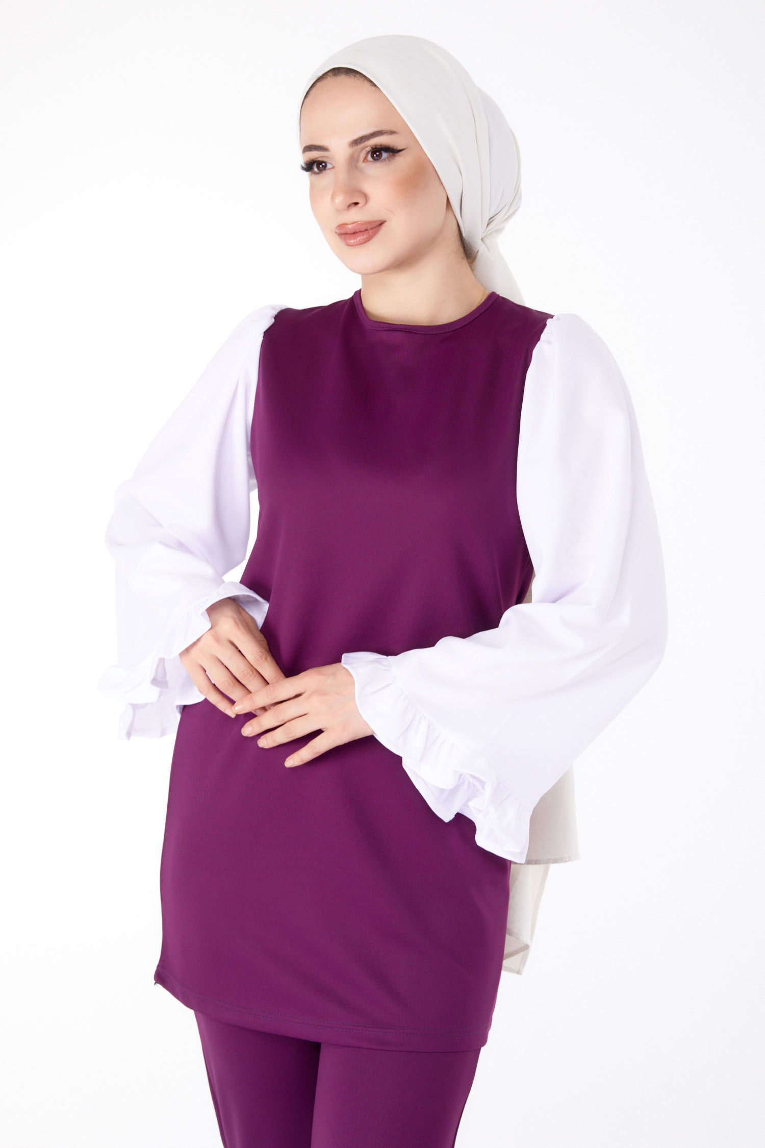 Düz Bisiklet Yaka Kadın Mor Tunik Pantolon İkili Takım - 13198 - 2