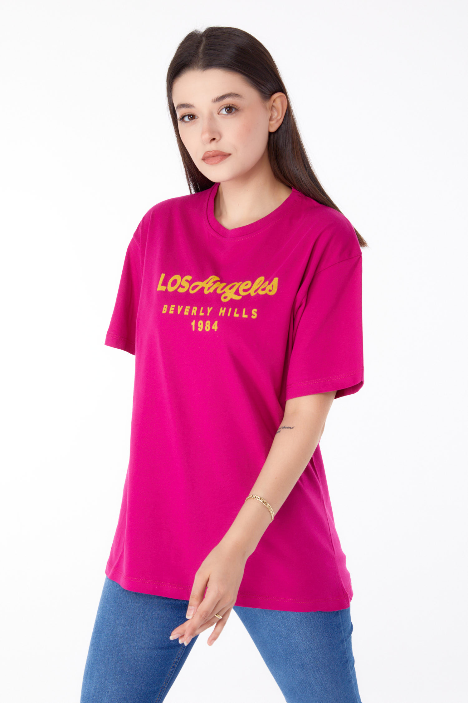 Düz Bisiklet Yaka Kadın Murdum Baskılı T-shirt - 25701 - 1
