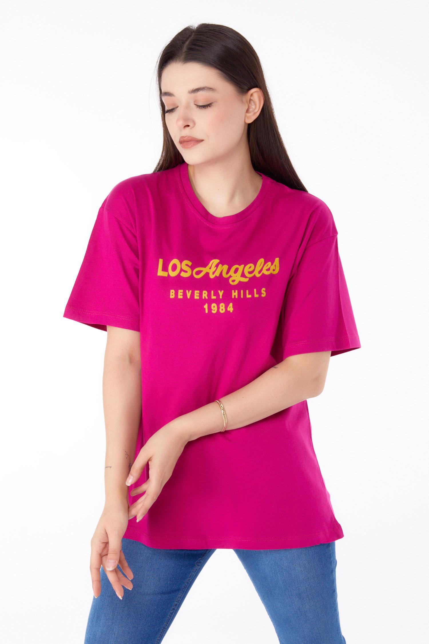 Düz Bisiklet Yaka Kadın Murdum Baskılı T-shirt - 25701 - 3