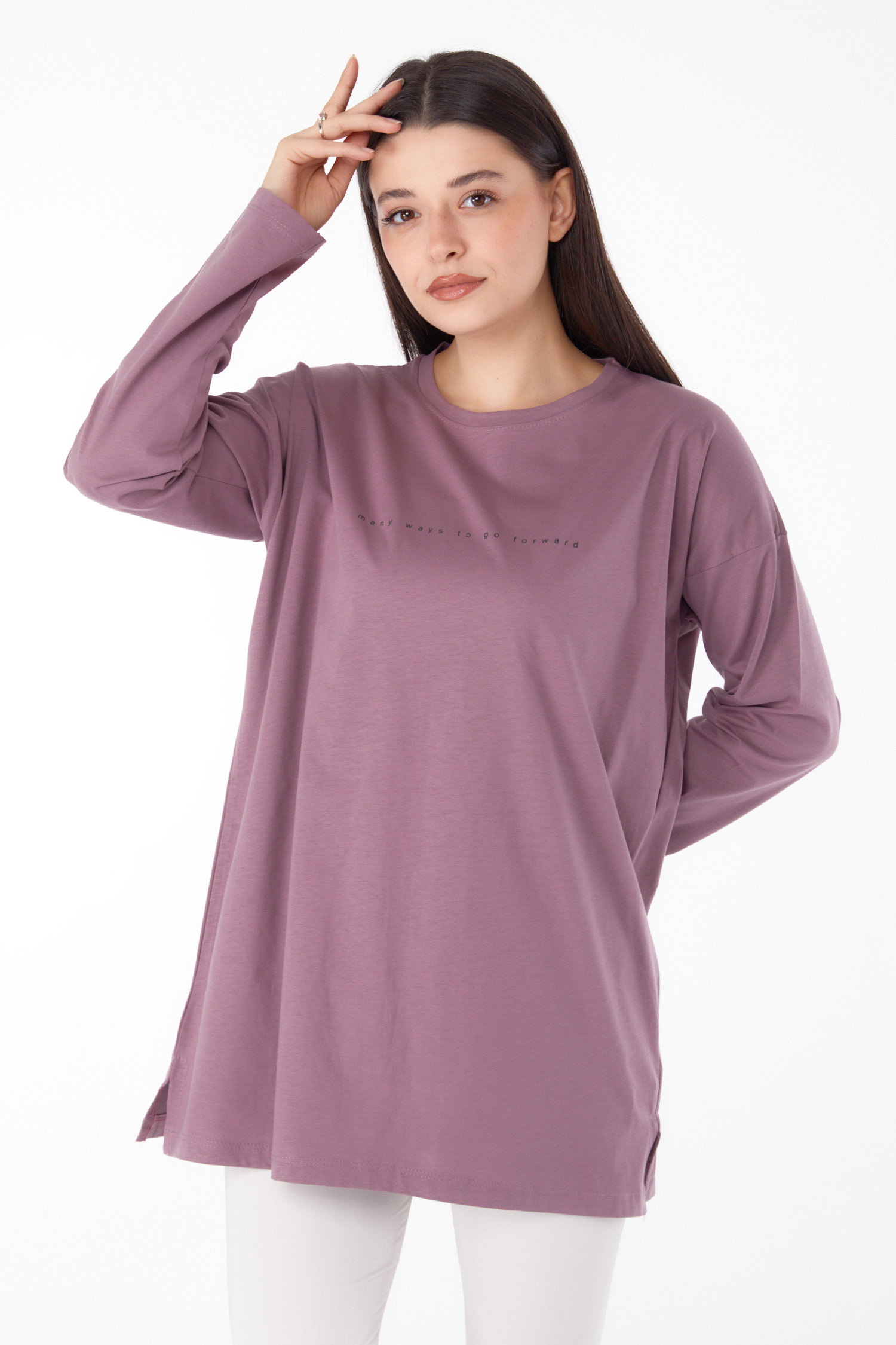 Düz Bisiklet Yaka Kadın Murdum Baskılı Tunik - 25699 - 1