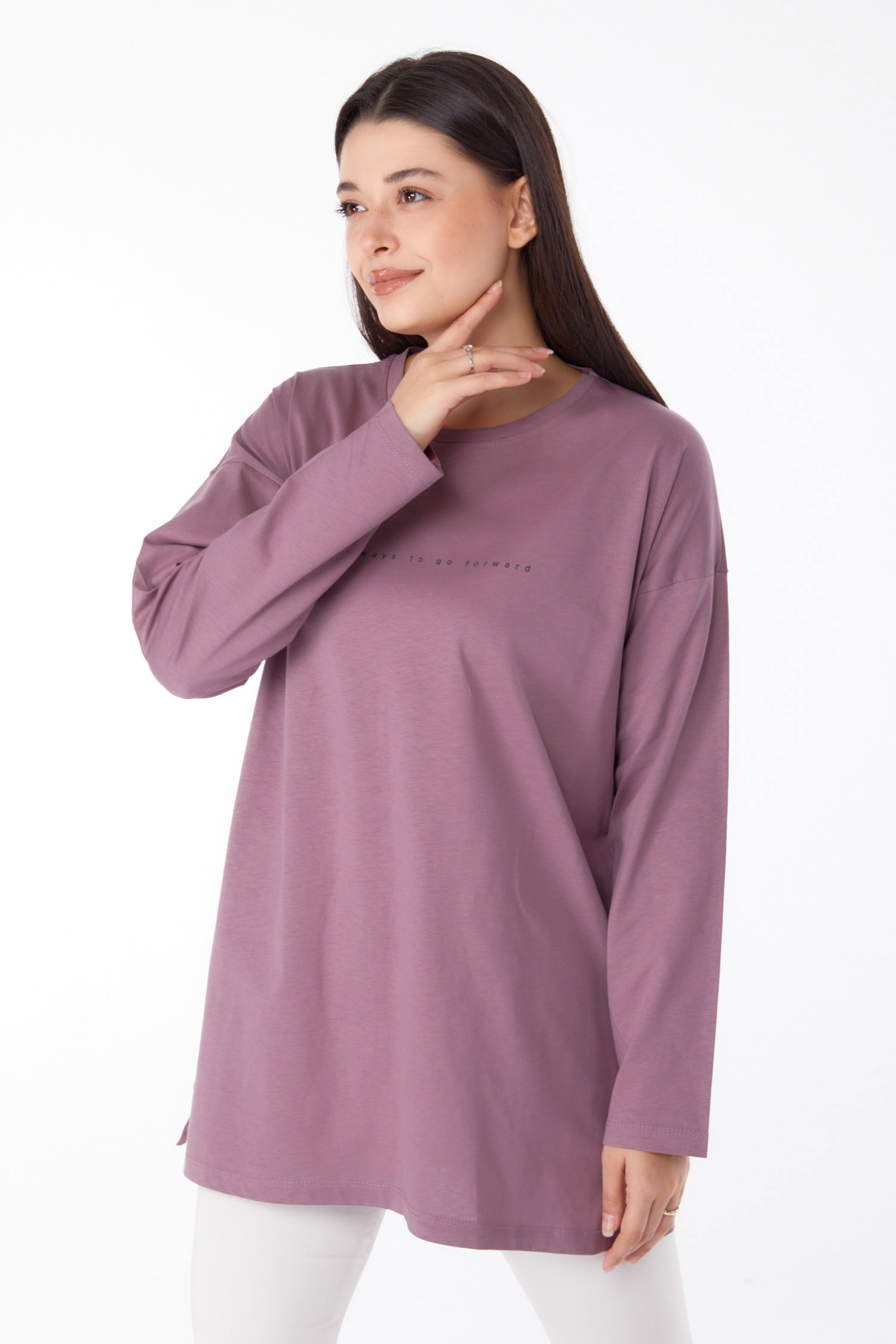 Düz Bisiklet Yaka Kadın Murdum Baskılı Tunik - 25699 - 2