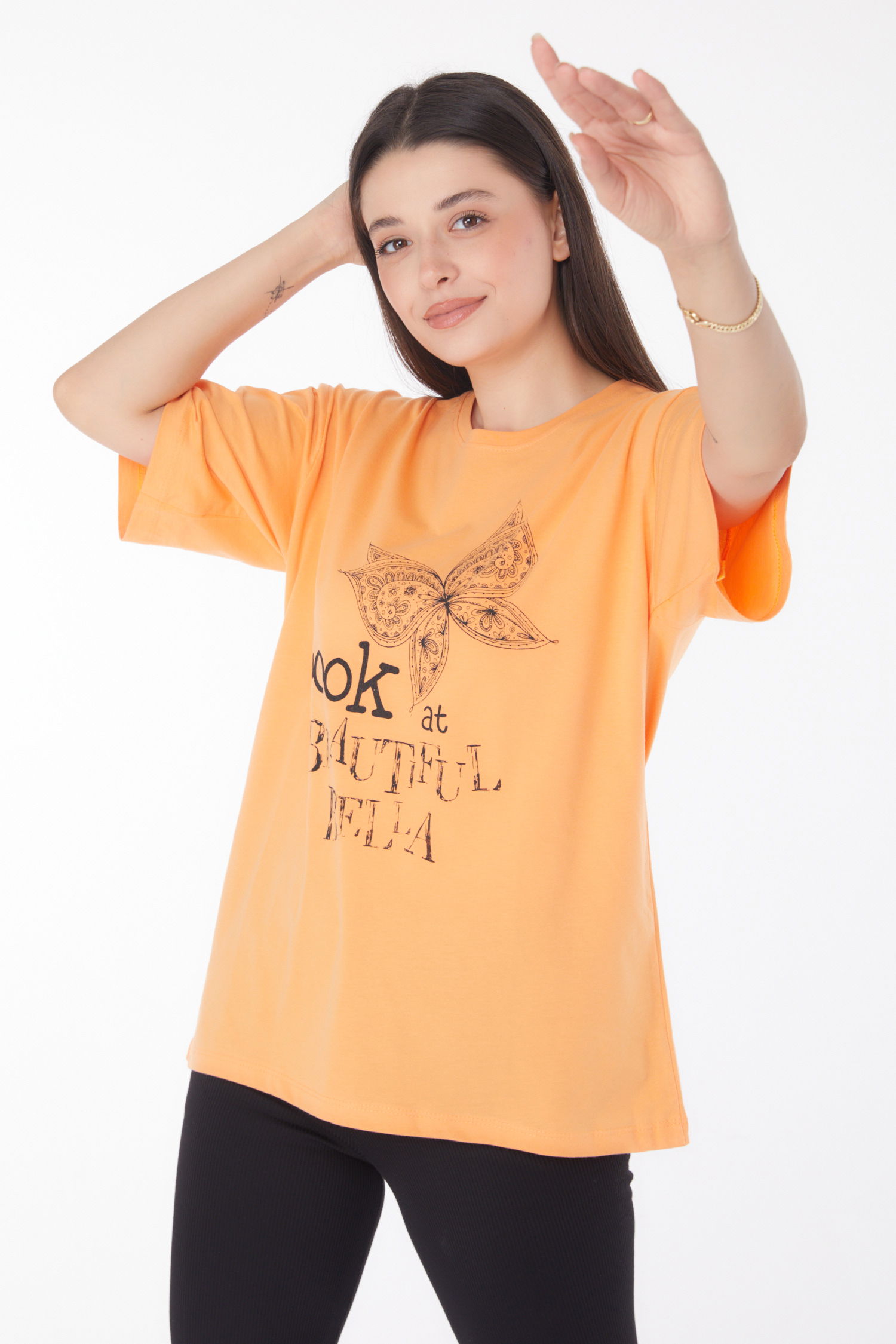 Düz Bisiklet Yaka Kadın Oranj Baskılı Kısa Kollu T-shirt - 25766 - 1