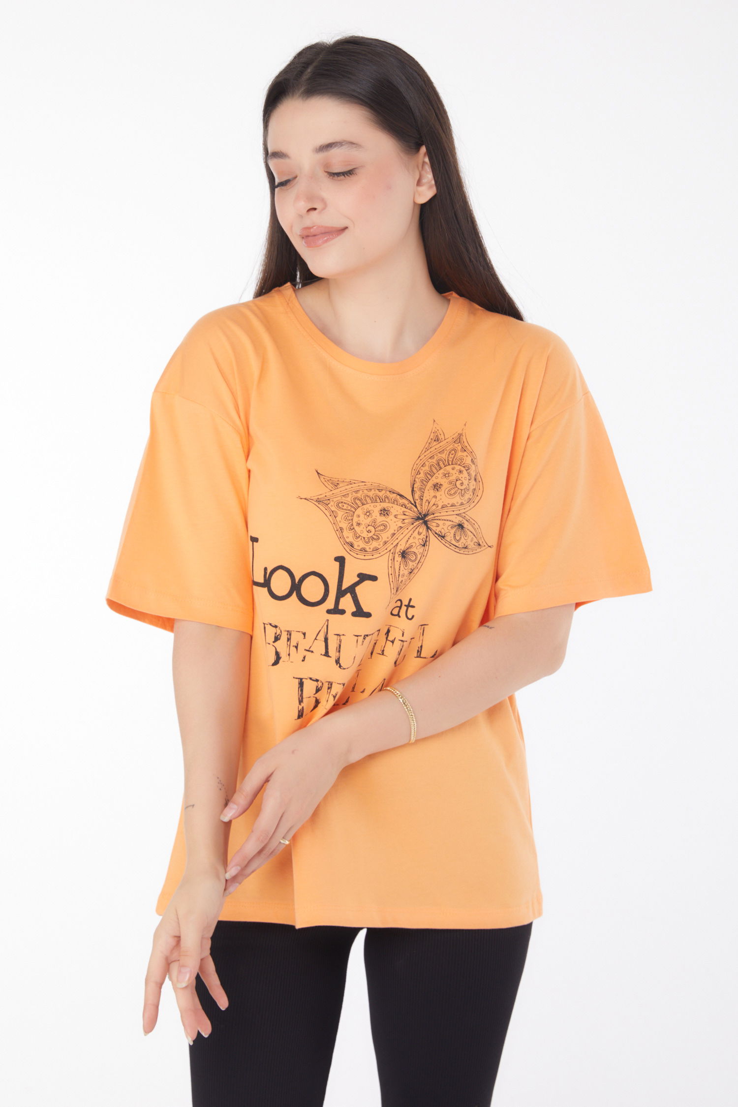Düz Bisiklet Yaka Kadın Oranj Baskılı Kısa Kollu T-shirt - 25766 - 2