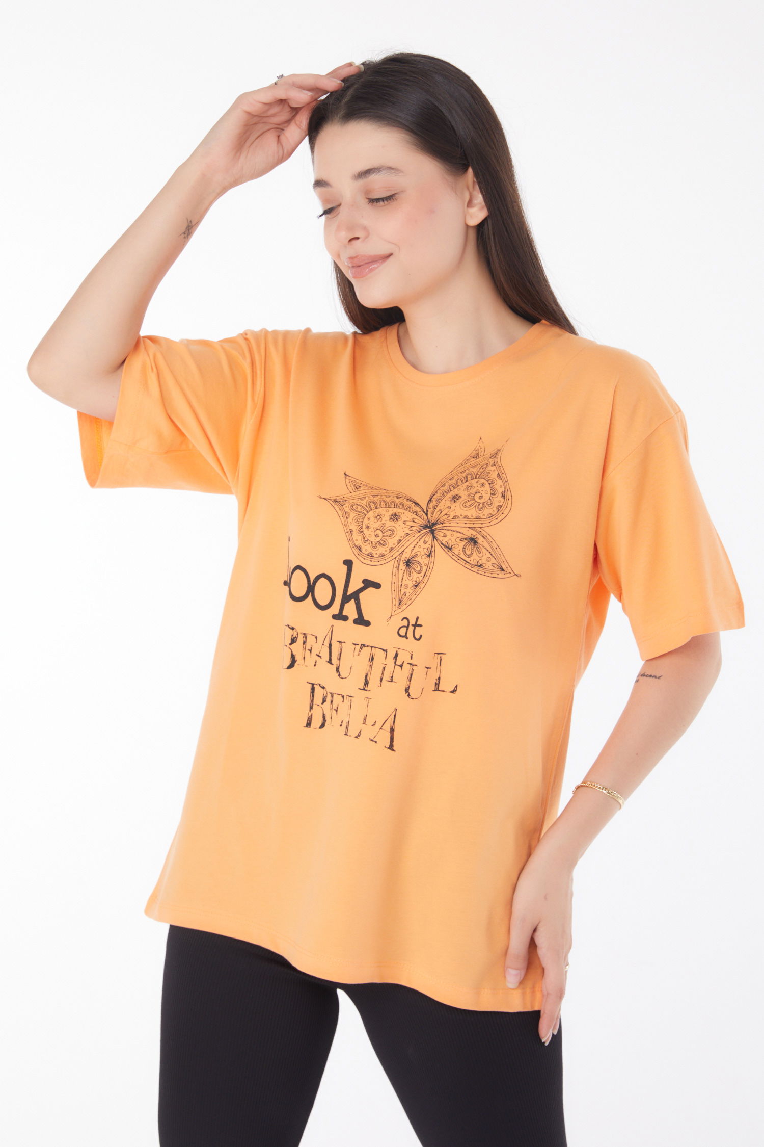 Düz Bisiklet Yaka Kadın Oranj Baskılı Kısa Kollu T-shirt - 25766 - 3