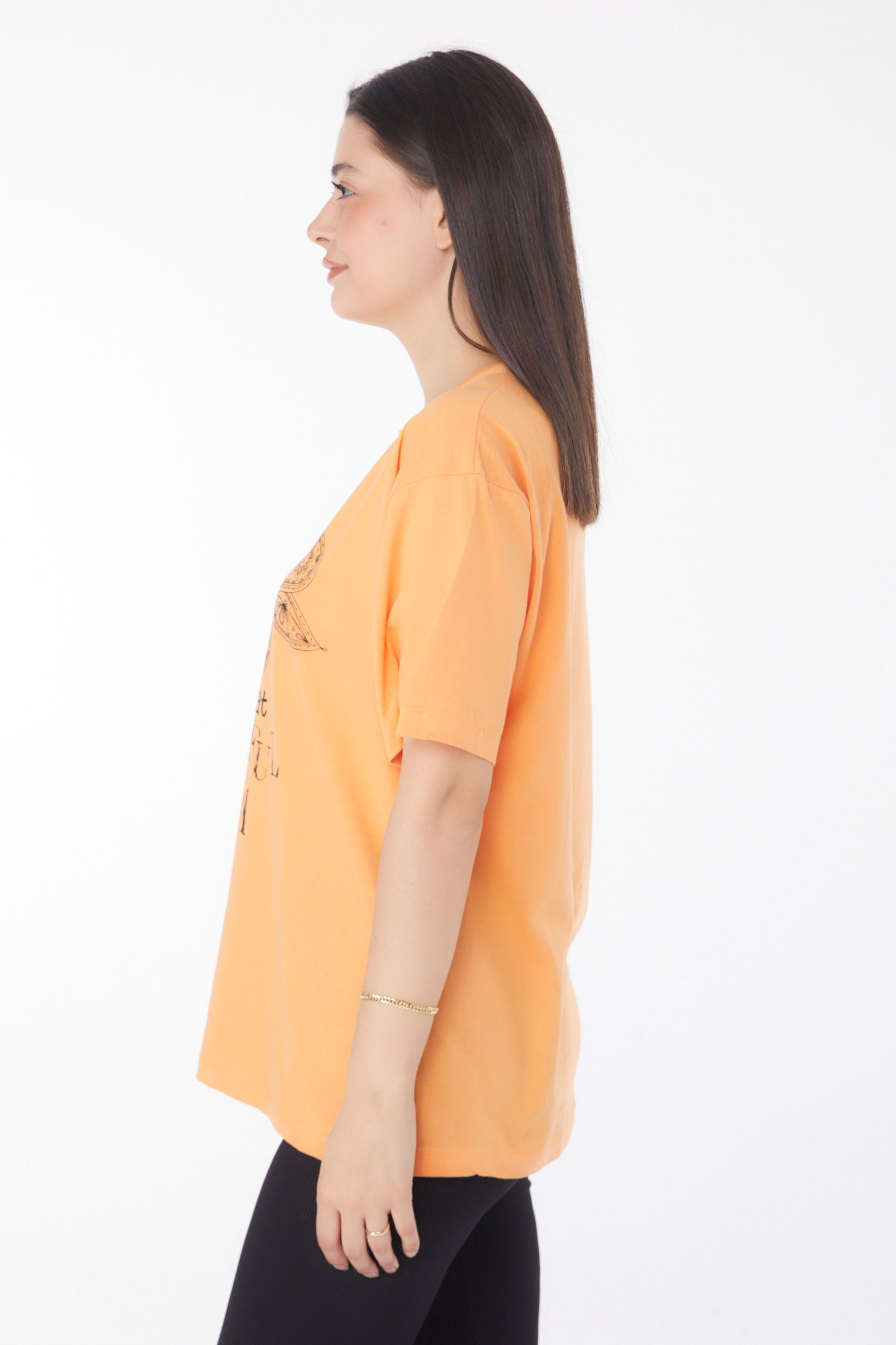 Düz Bisiklet Yaka Kadın Oranj Baskılı Kısa Kollu T-shirt - 25766 - 4