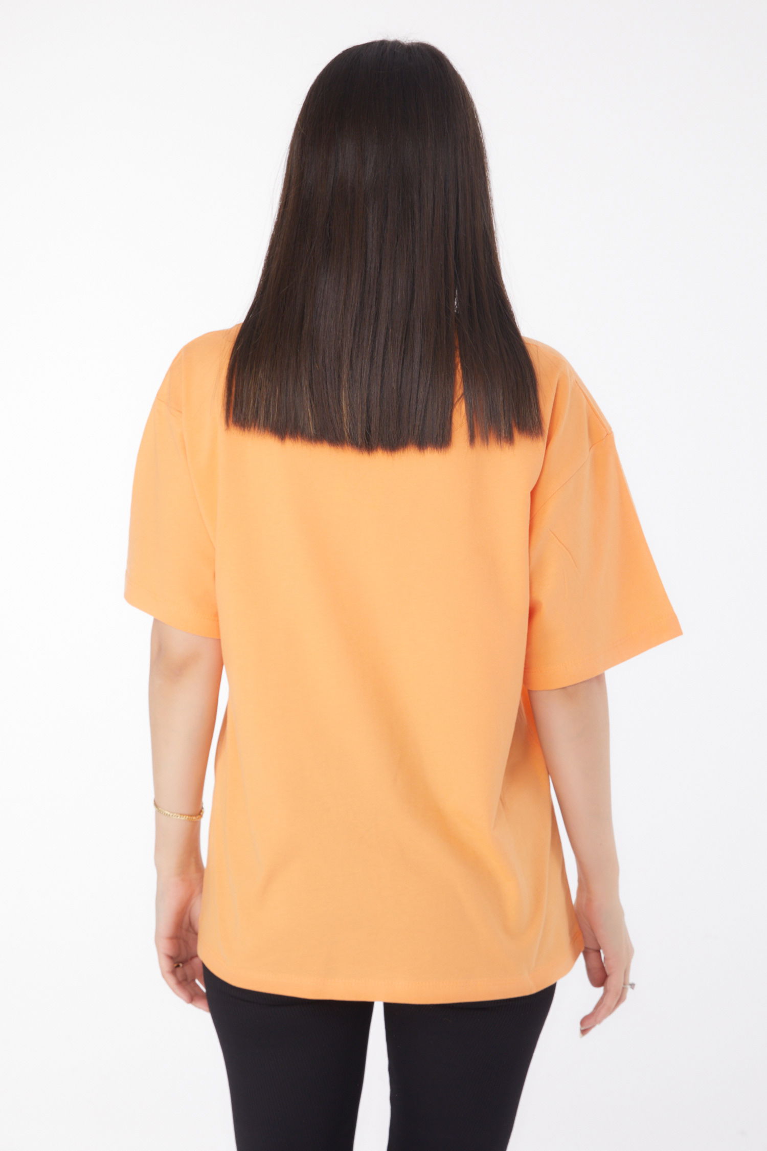 Düz Bisiklet Yaka Kadın Oranj Baskılı Kısa Kollu T-shirt - 25766 - 5
