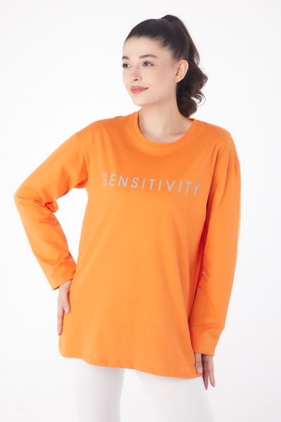 Düz Bisiklet Yaka Kadın Oranj Baskılı Sweat - 26237 