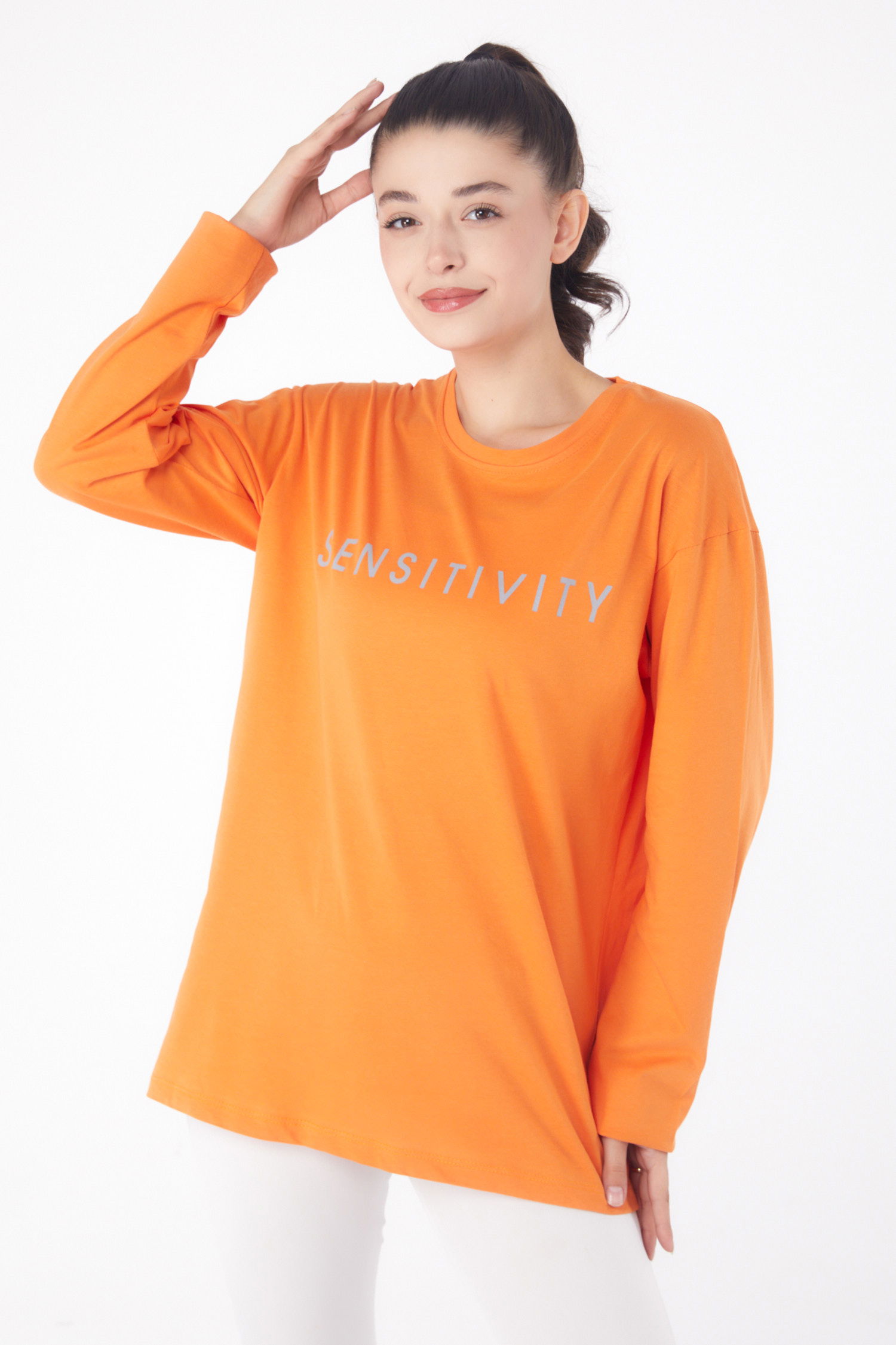 Düz Bisiklet Yaka Kadın Oranj Baskılı Sweat - 26237 - 2