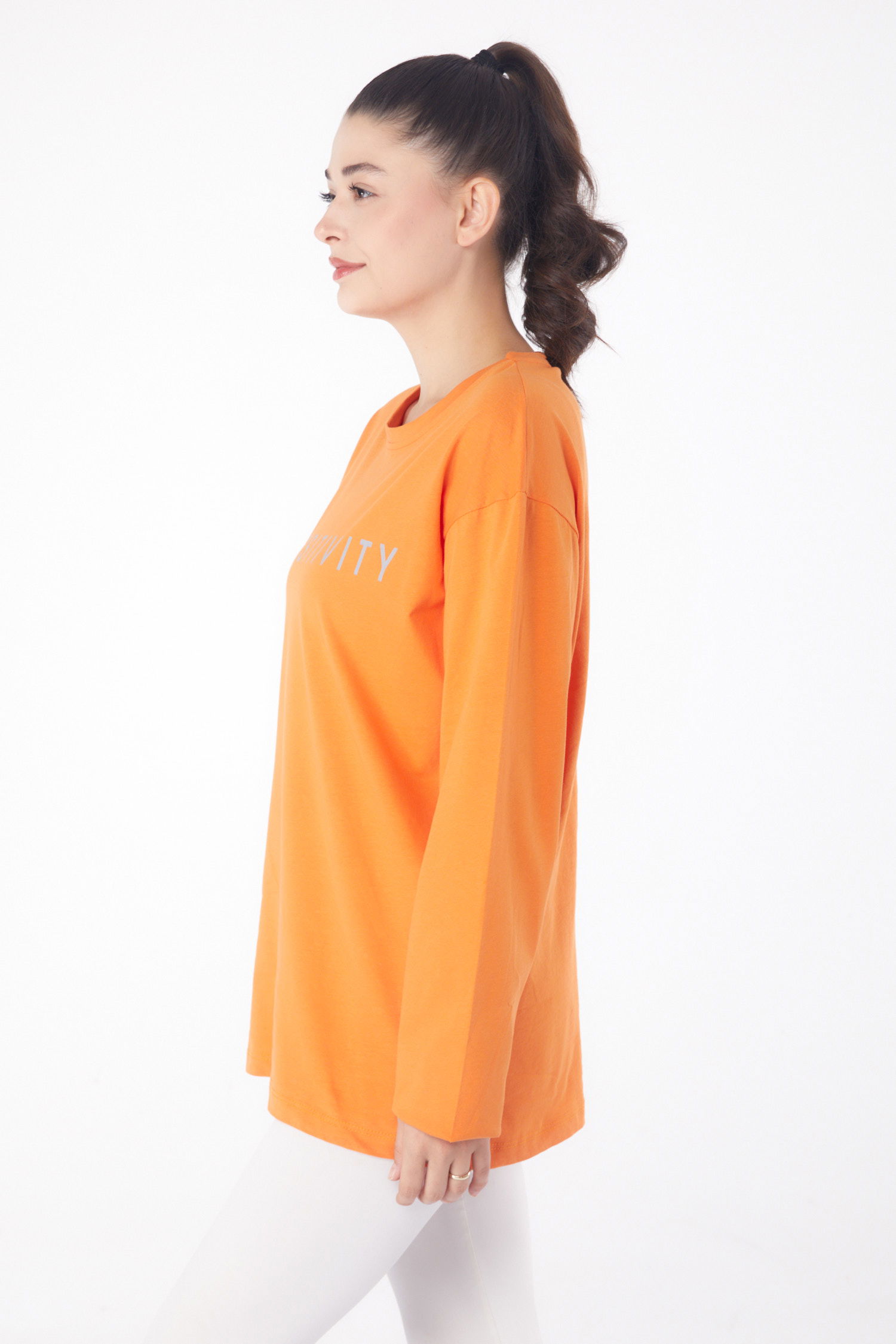 Düz Bisiklet Yaka Kadın Oranj Baskılı Sweat - 26237 - 3