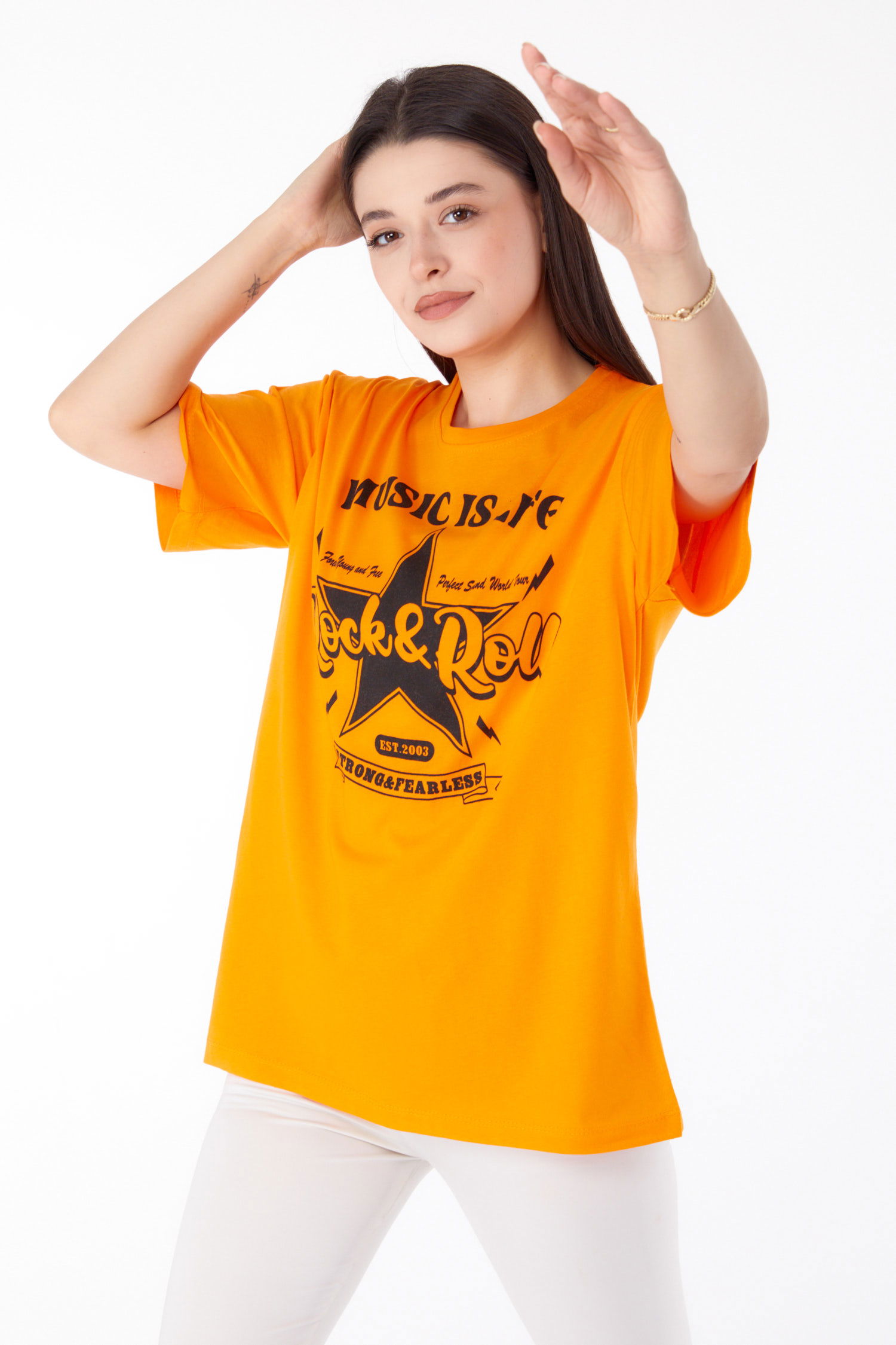 Baskılı T-shirt Oranj - 25700 - 3