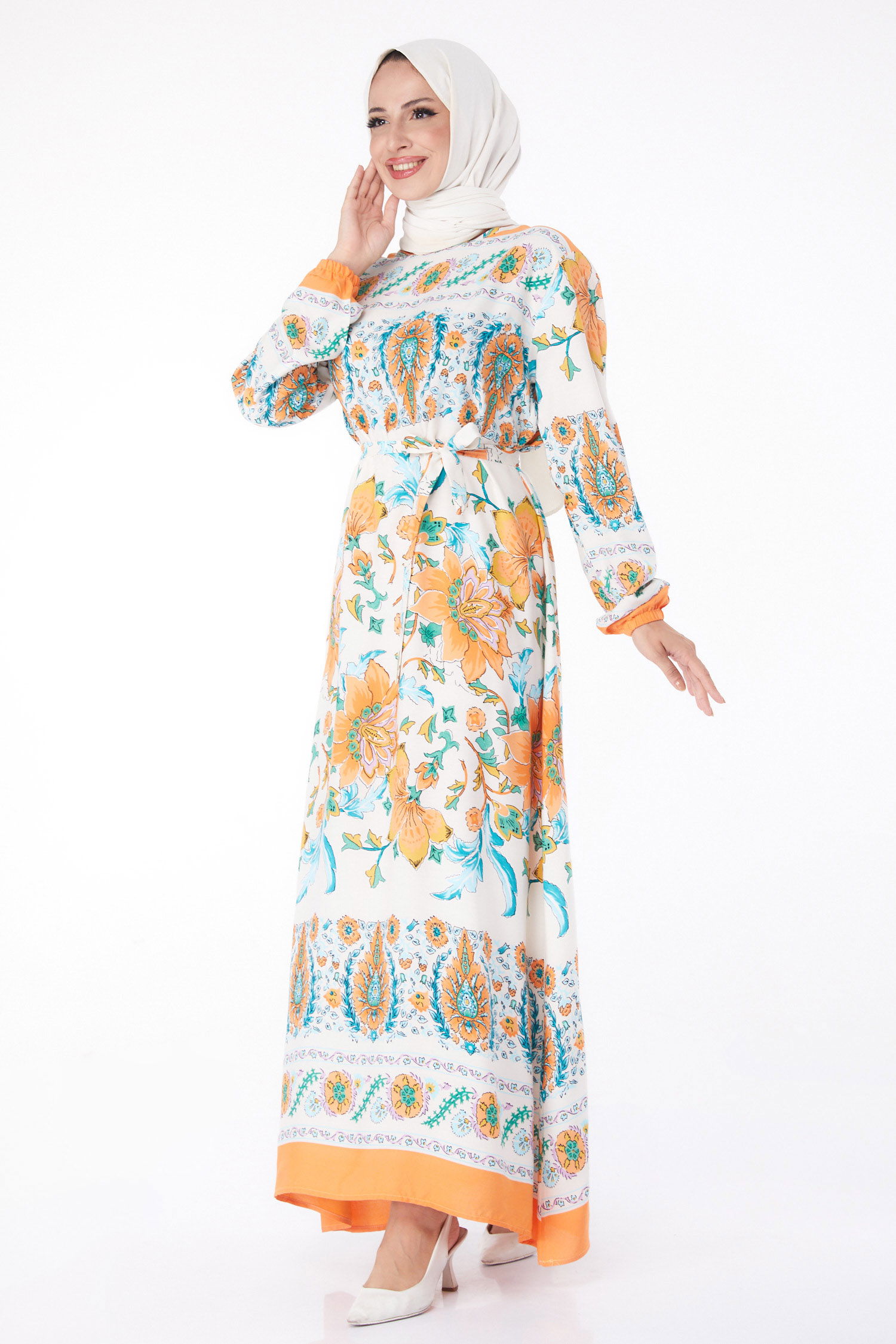 Desenli Elbise Oranj - 26234 - 1