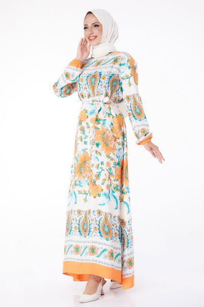 Desenli Elbise Oranj - 26234 