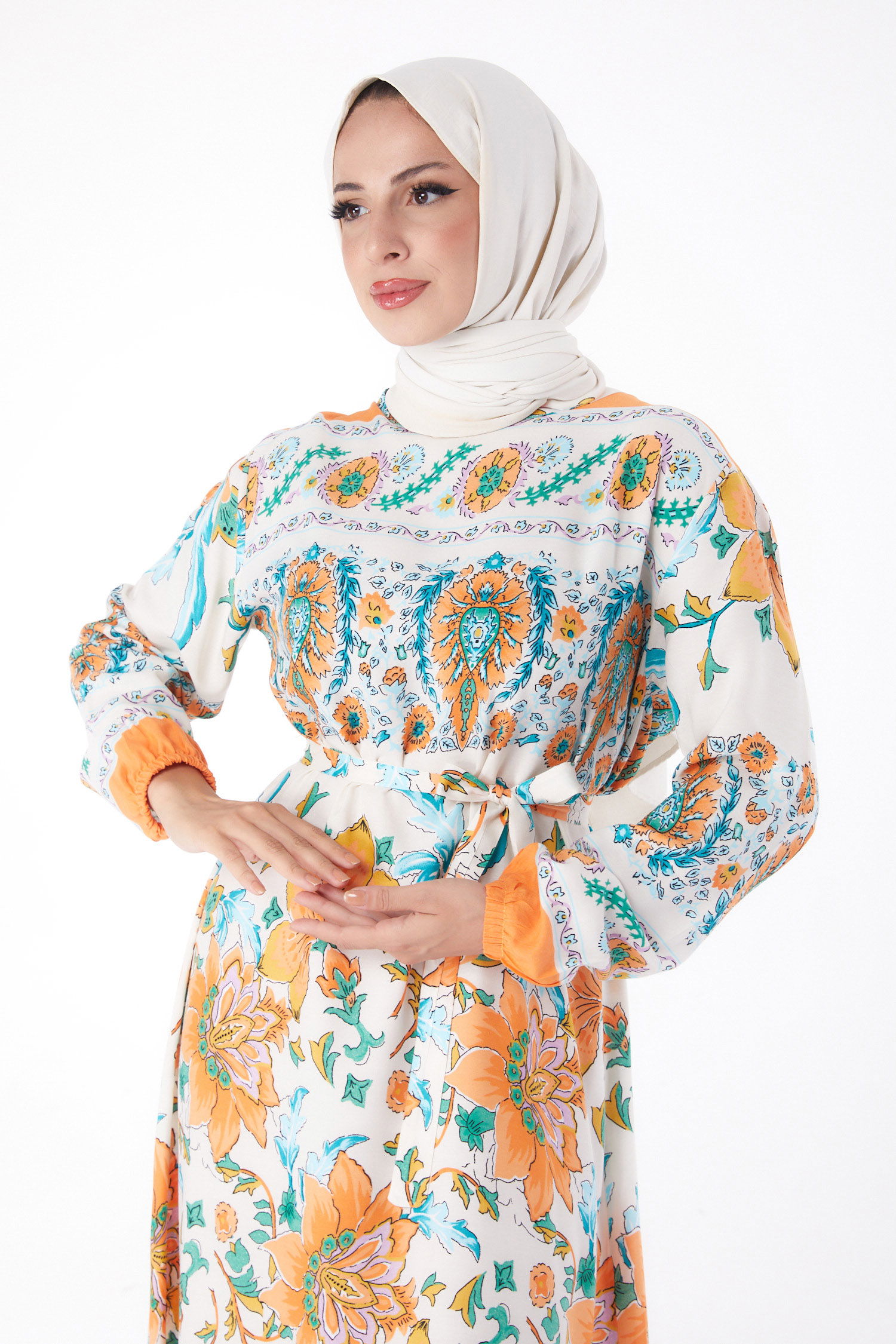 Desenli Elbise Oranj - 26234 - 2