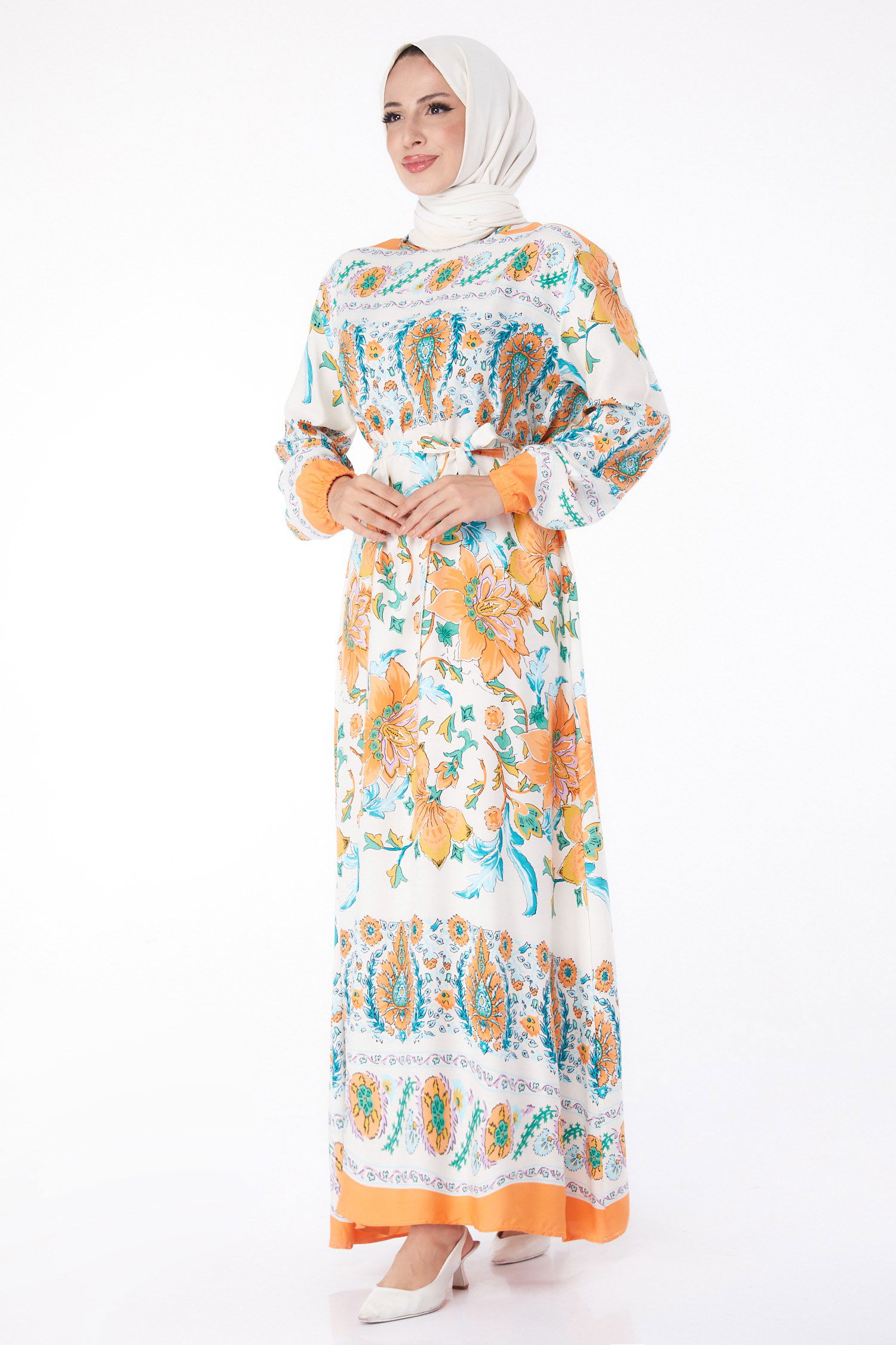 Desenli Elbise Oranj - 26234 - 3