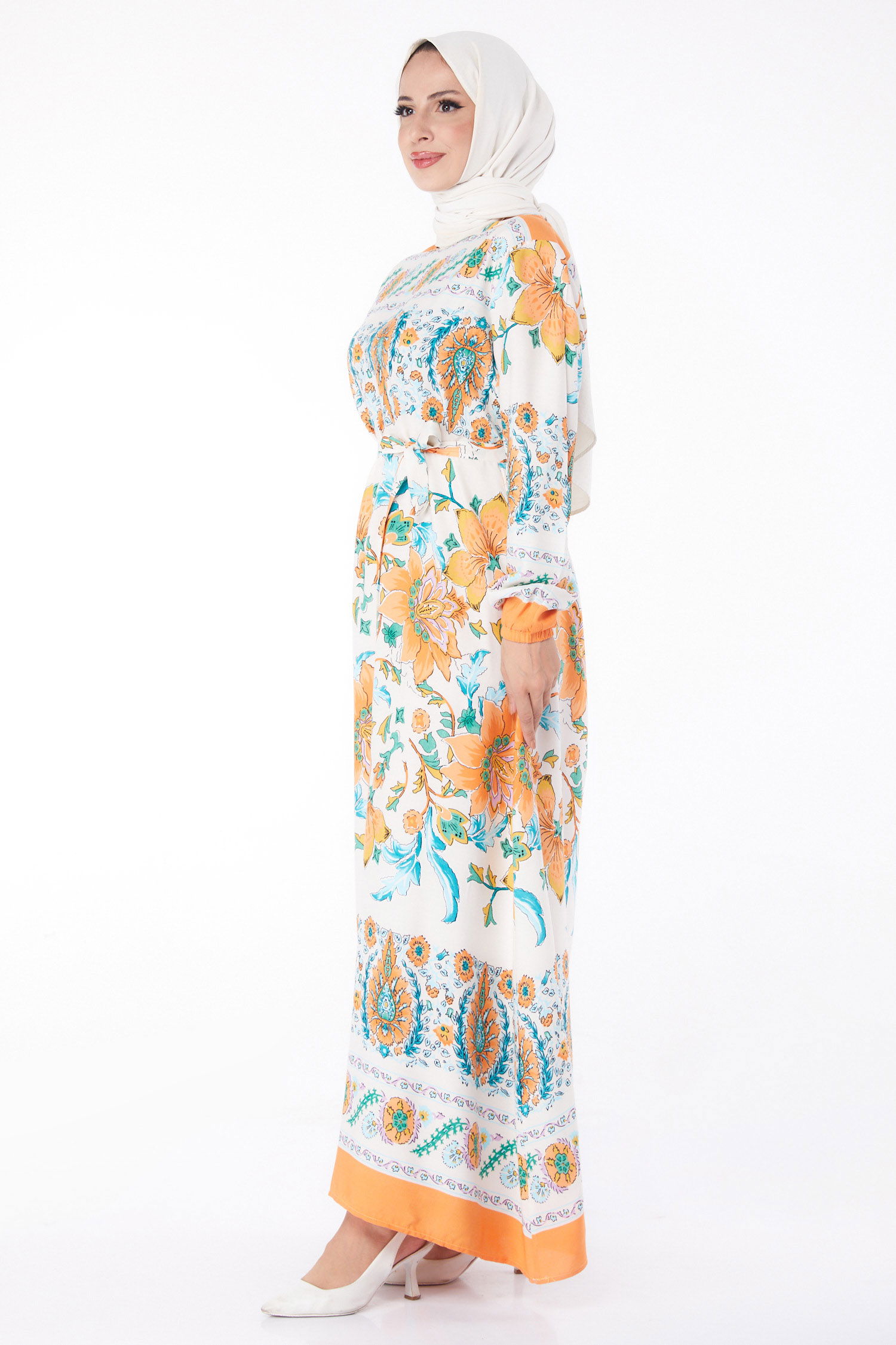 Desenli Elbise Oranj - 26234 - 4