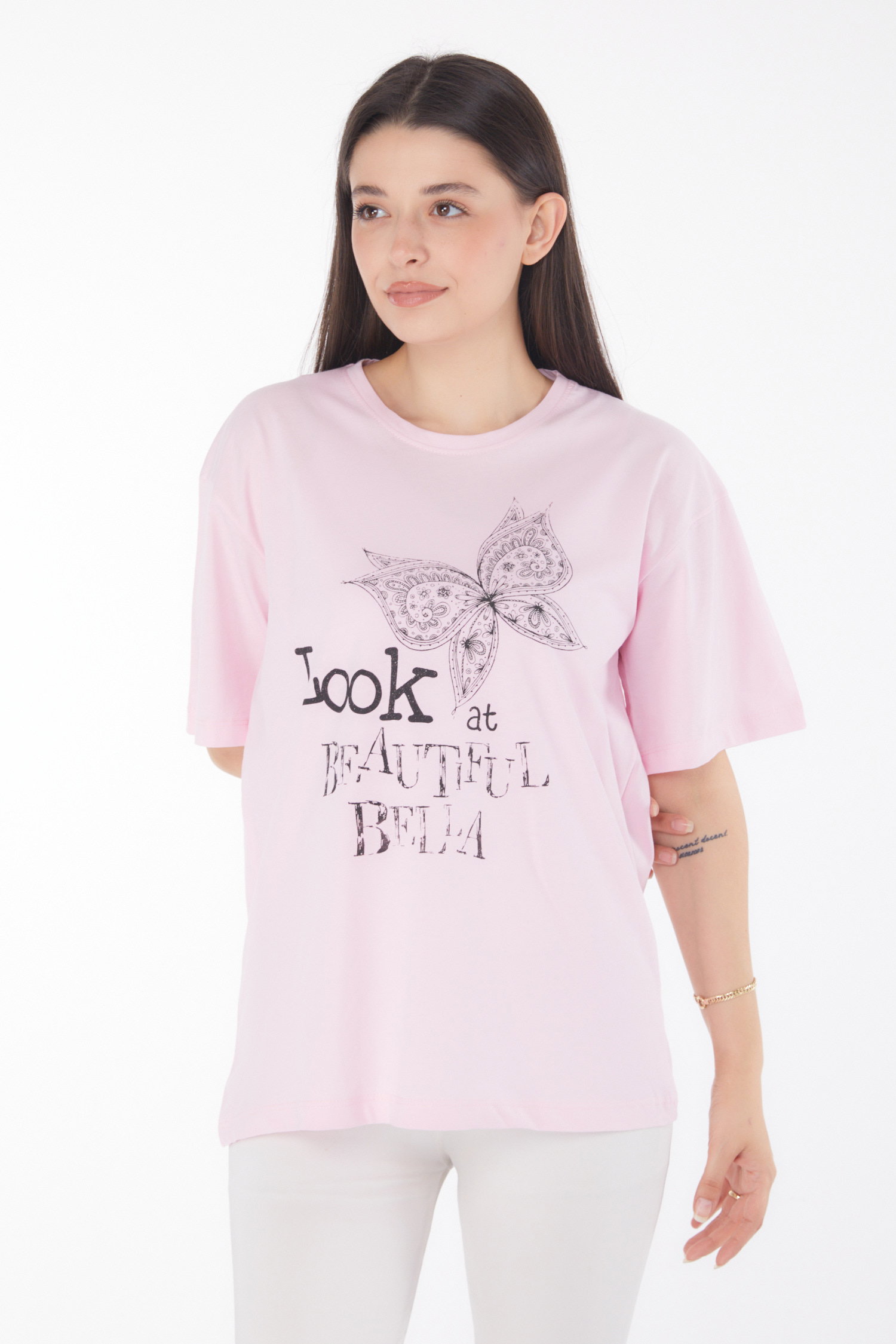 Düz Bisiklet Yaka Kadın Pembe Baskılı Kısa Kollu T-shirt - 25766 - 1