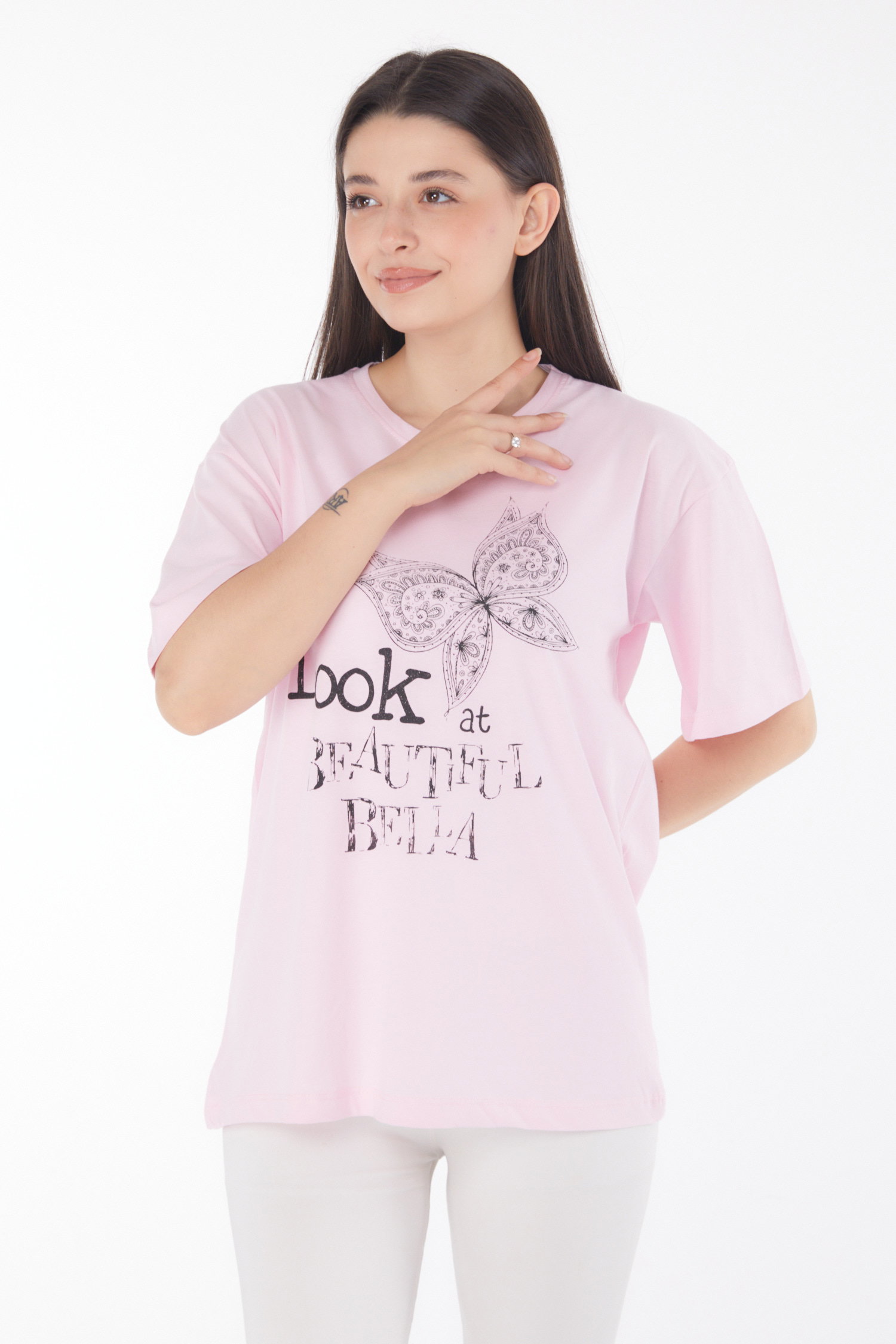 Düz Bisiklet Yaka Kadın Pembe Baskılı Kısa Kollu T-shirt - 25766 - 2