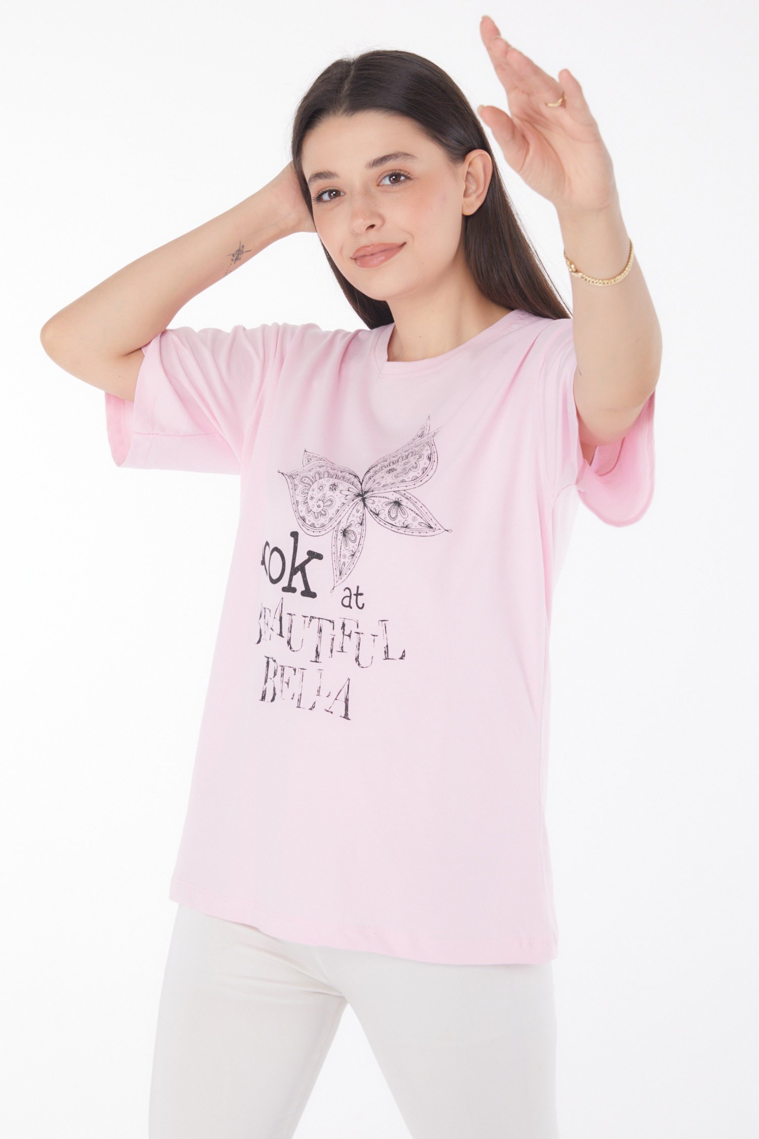 Düz Bisiklet Yaka Kadın Pembe Baskılı Kısa Kollu T-shirt - 25766 - 3