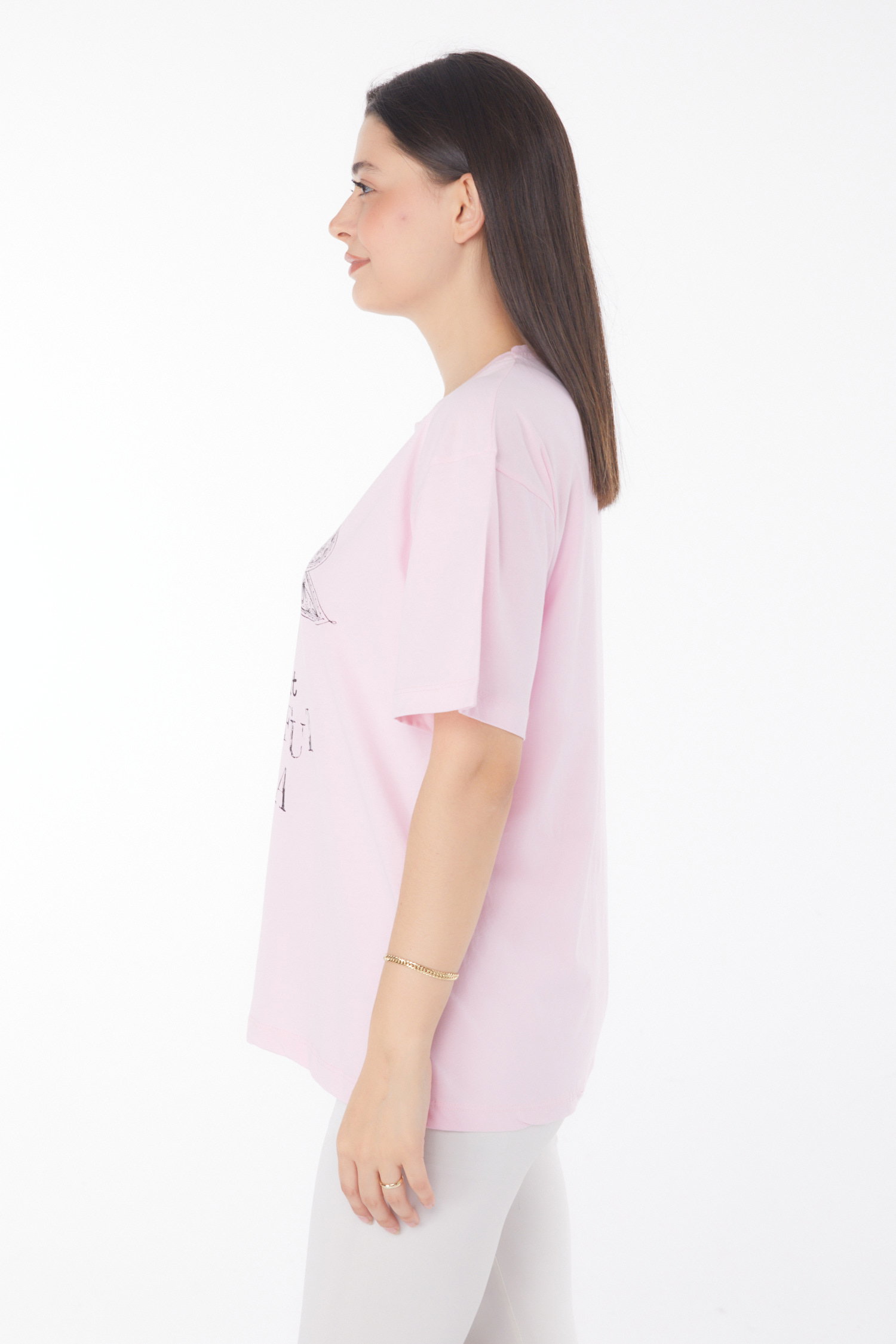 Düz Bisiklet Yaka Kadın Pembe Baskılı Kısa Kollu T-shirt - 25766 - 4