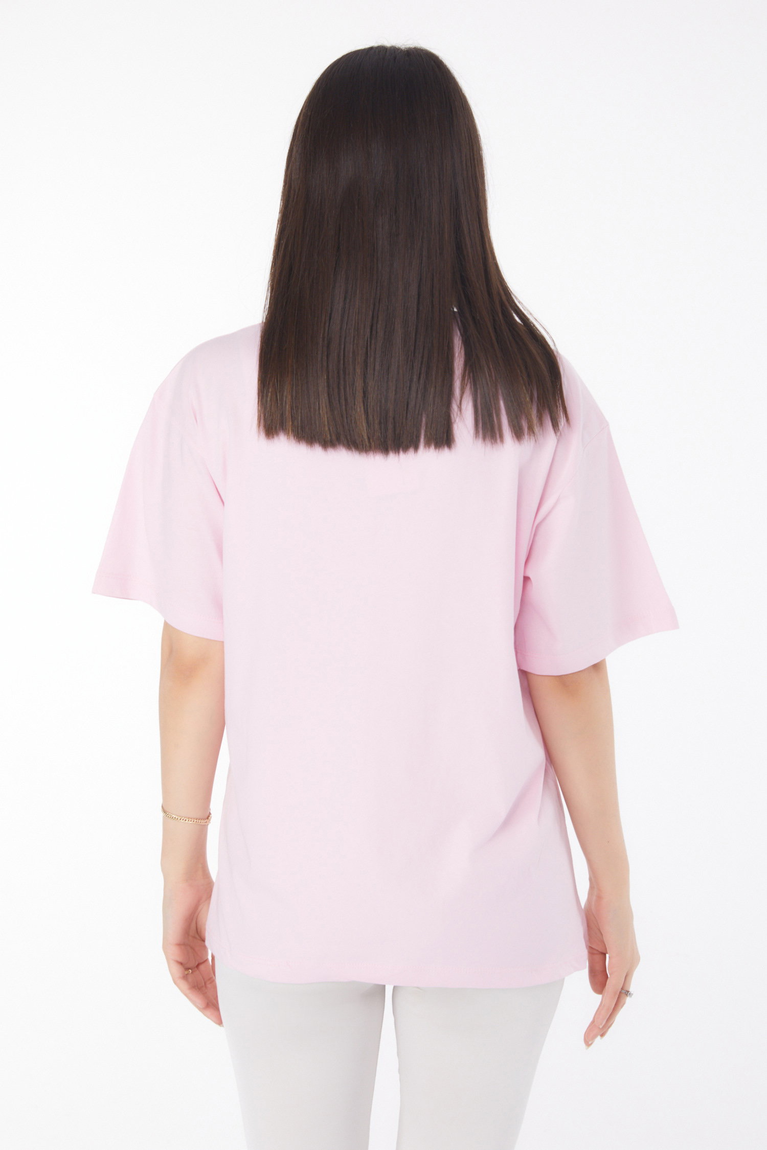 Düz Bisiklet Yaka Kadın Pembe Baskılı Kısa Kollu T-shirt - 25766 - 5