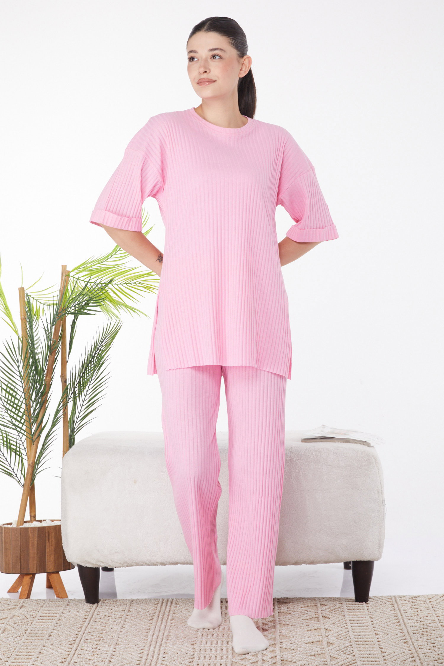 Düz Bisiklet Yaka Kadın Pembe Bislet Yaka Kısa Kollu Pijama Takımı - 24453 - 2