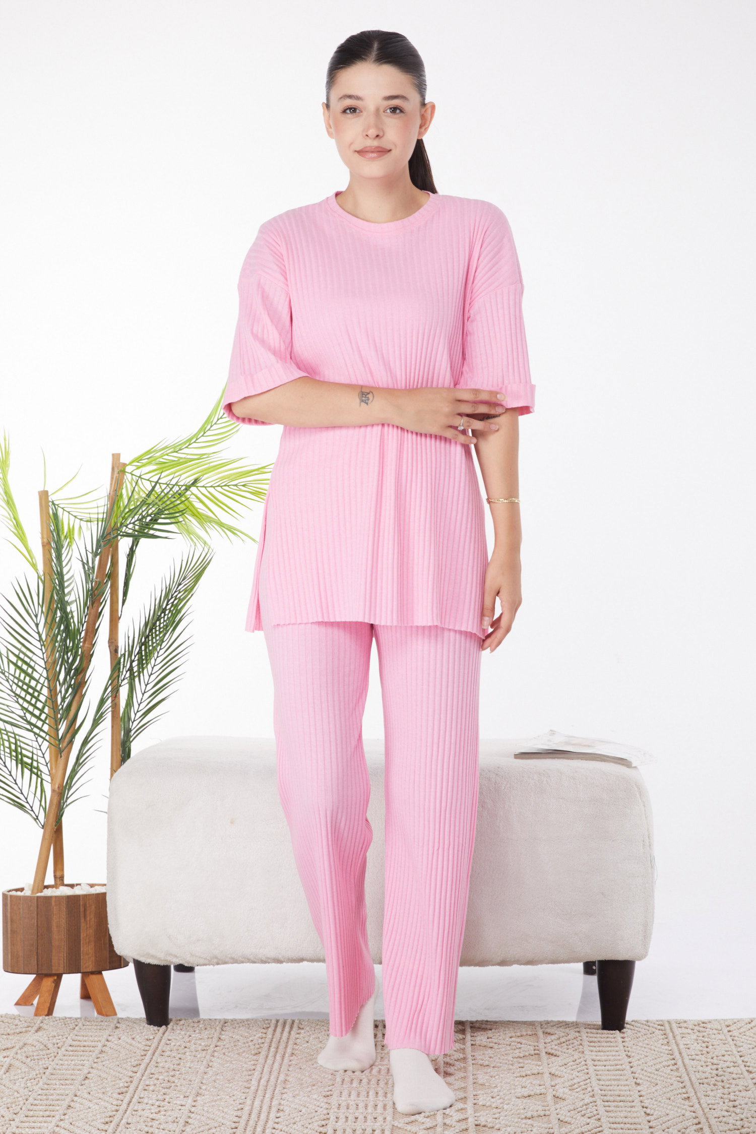 Düz Bisiklet Yaka Kadın Pembe Bislet Yaka Kısa Kollu Pijama Takımı - 24453 - 3