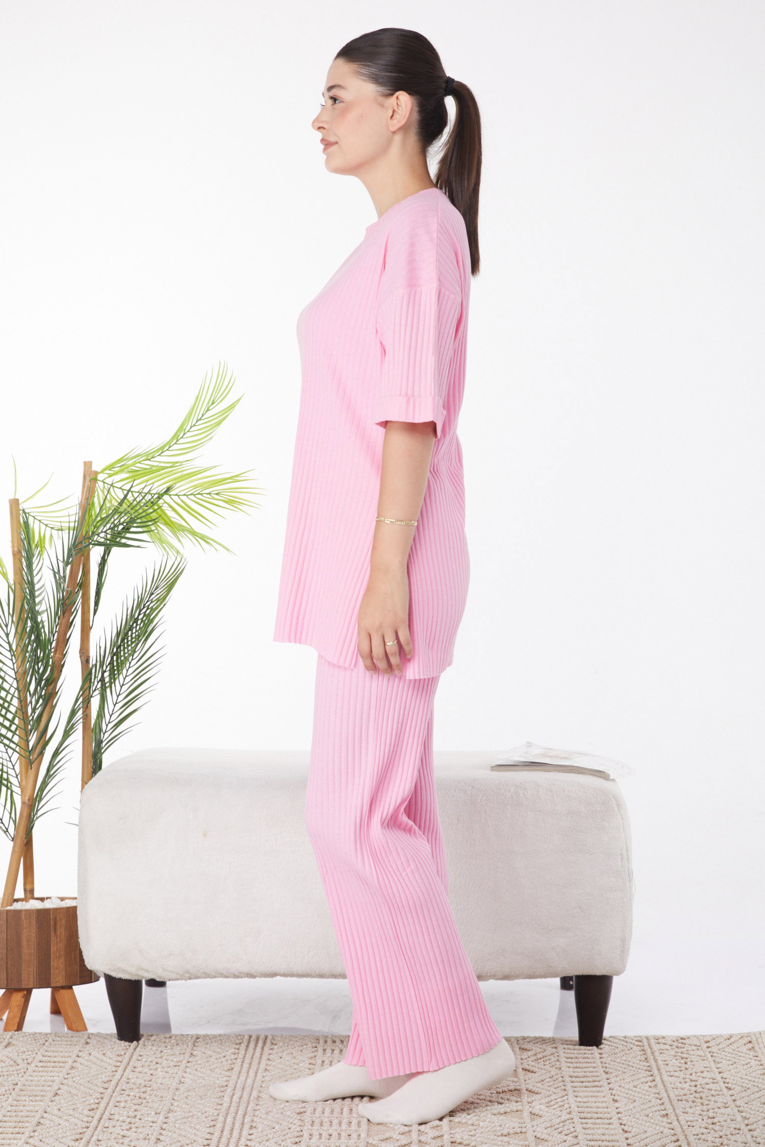 Düz Bisiklet Yaka Kadın Pembe Bislet Yaka Kısa Kollu Pijama Takımı - 24453 - 4