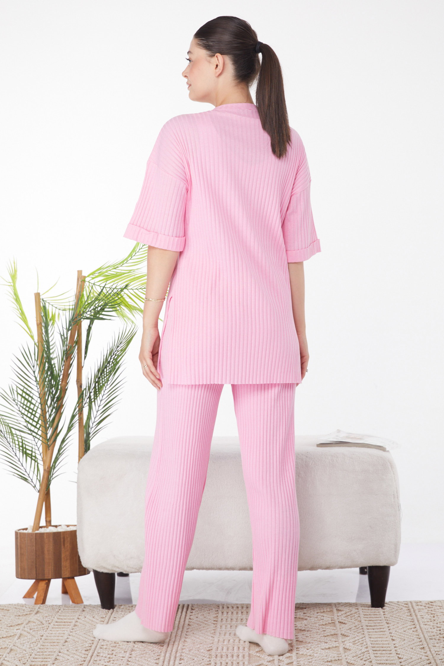 Düz Bisiklet Yaka Kadın Pembe Bislet Yaka Kısa Kollu Pijama Takımı - 24453 - 5