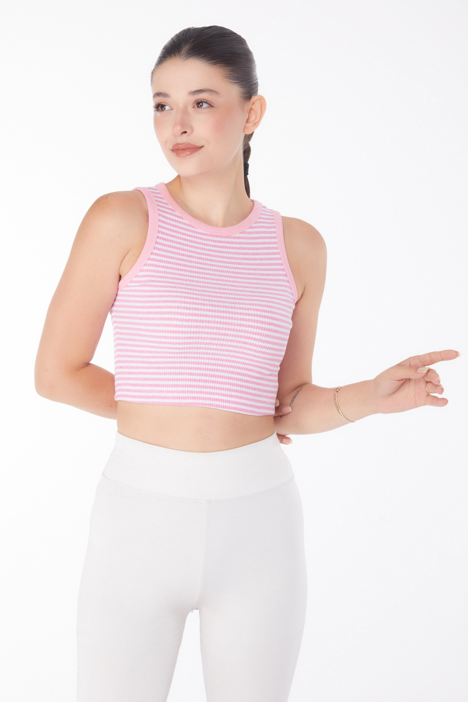 Düz Bisiklet Yaka Kadın Pembe Çizgili Crop - 25958 - 3