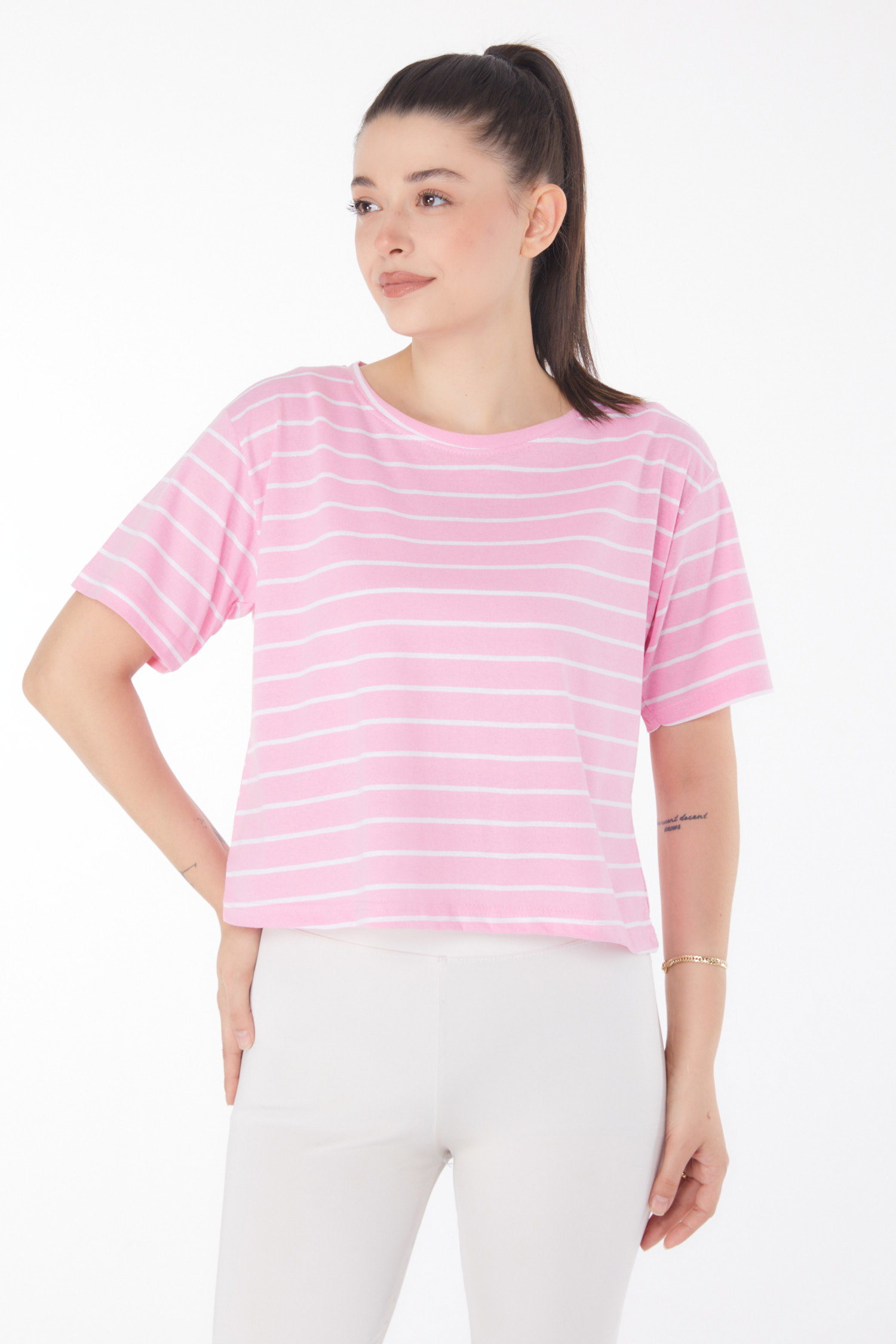 Çizgili Kısa Kollu Crop Pembe - 25842 - 1