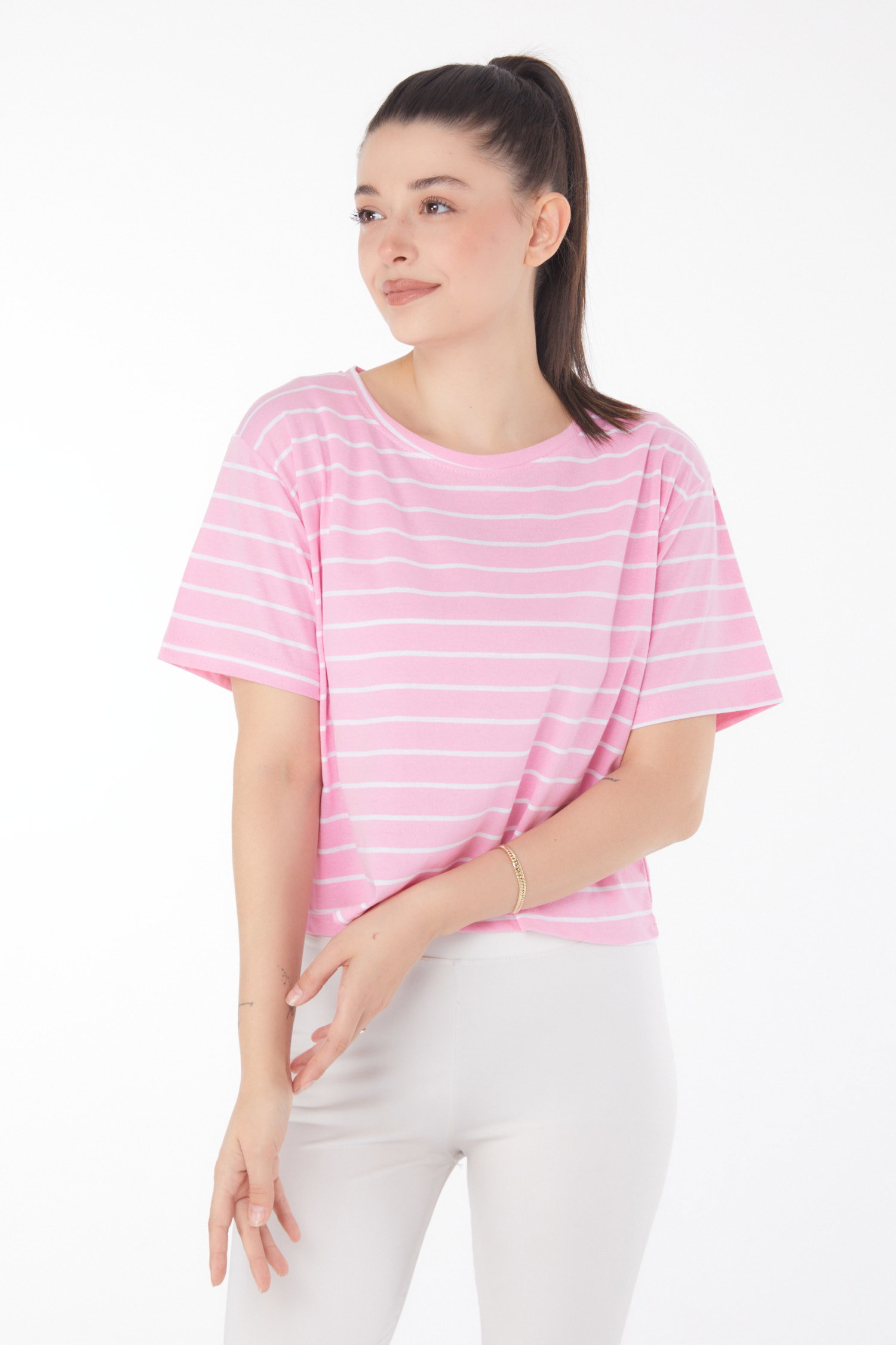 Çizgili Kısa Kollu Crop Pembe - 25842 - 2
