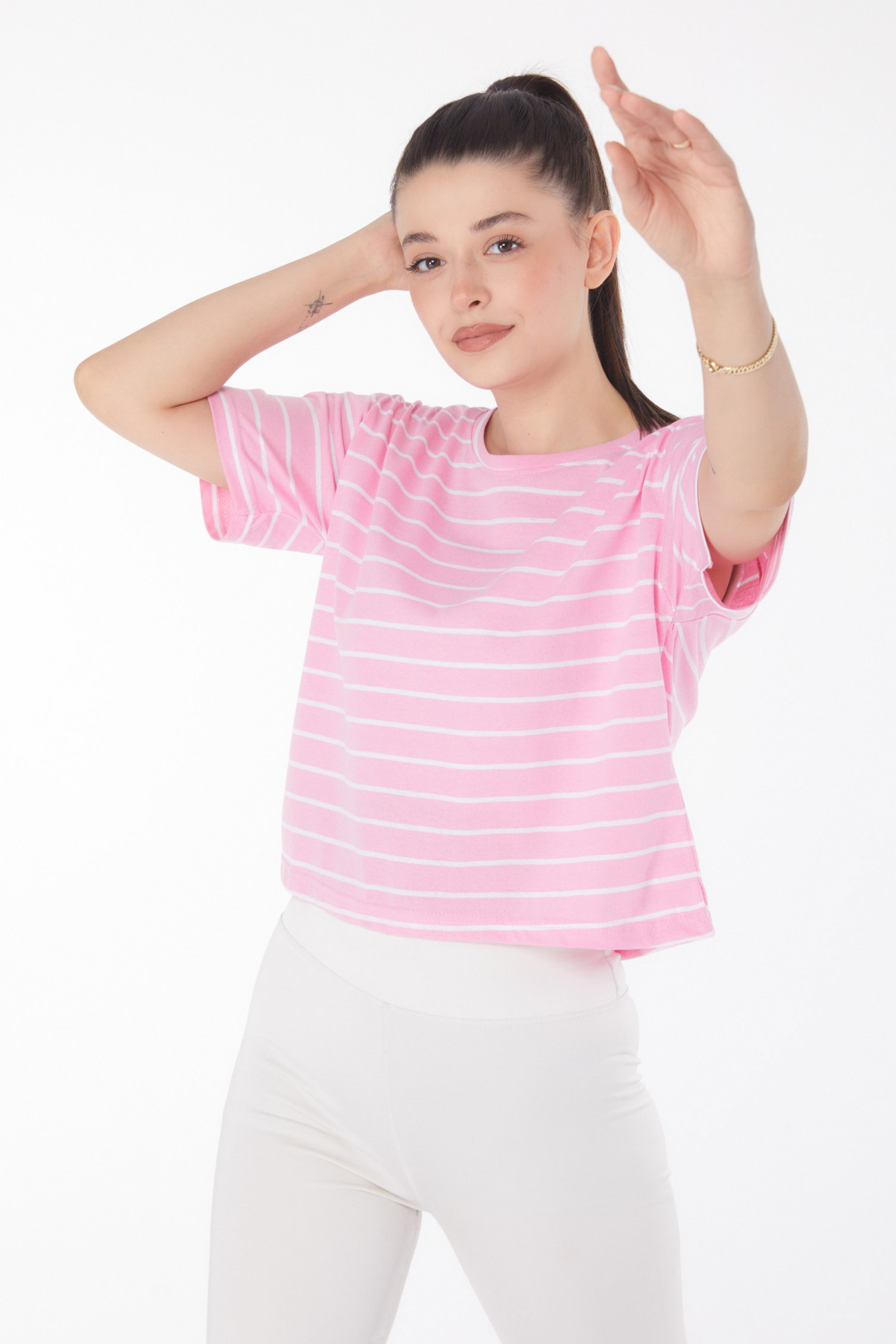 Çizgili Kısa Kollu Crop Pembe - 25842 - 3