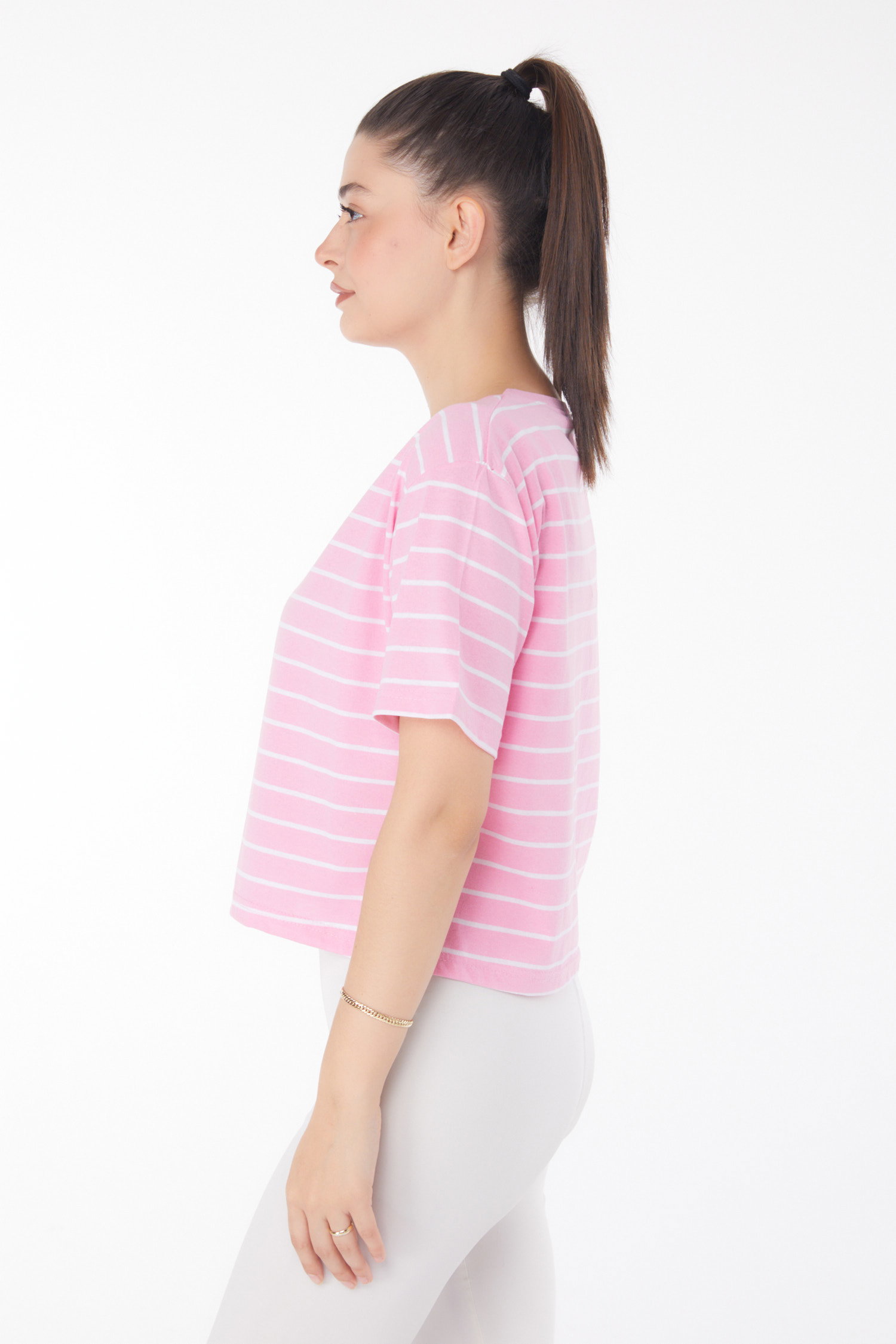 Çizgili Kısa Kollu Crop Pembe - 25842 - 4