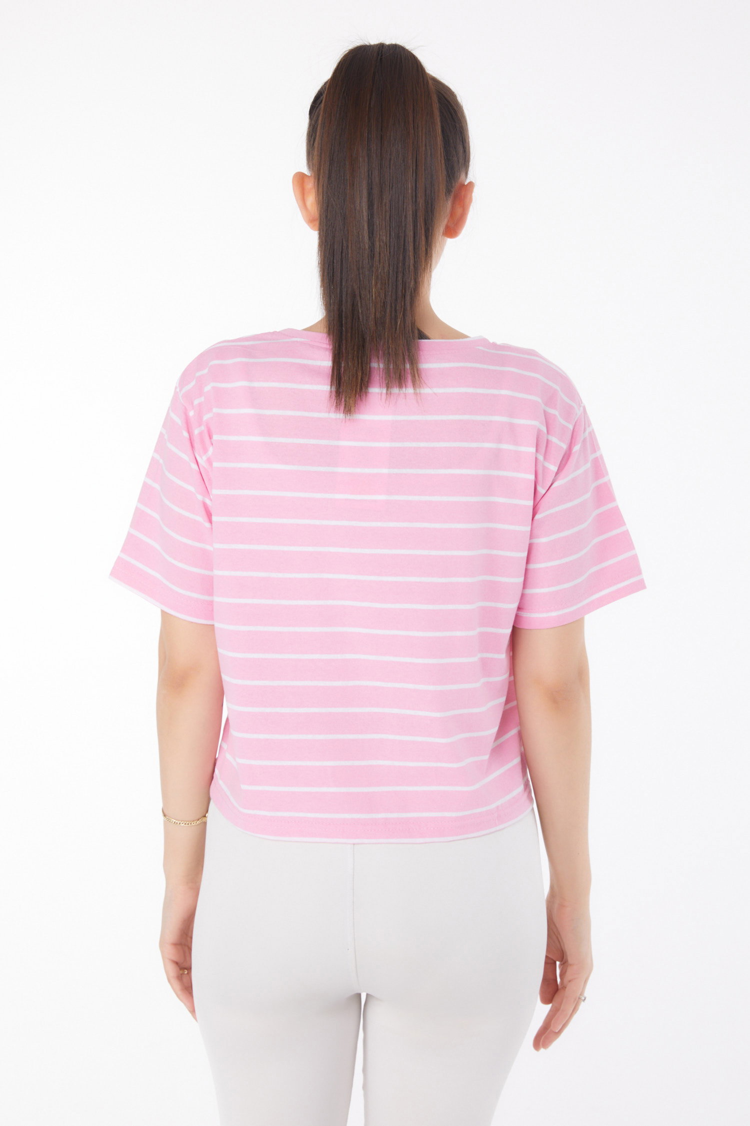 Çizgili Kısa Kollu Crop Pembe - 25842 - 5