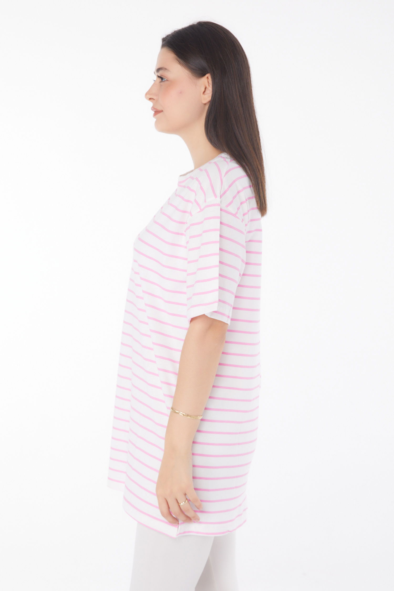 Düz Bisiklet Yaka Kadın Pembe Çizgili Kısa Kollu T-shirt - 25765 - 4