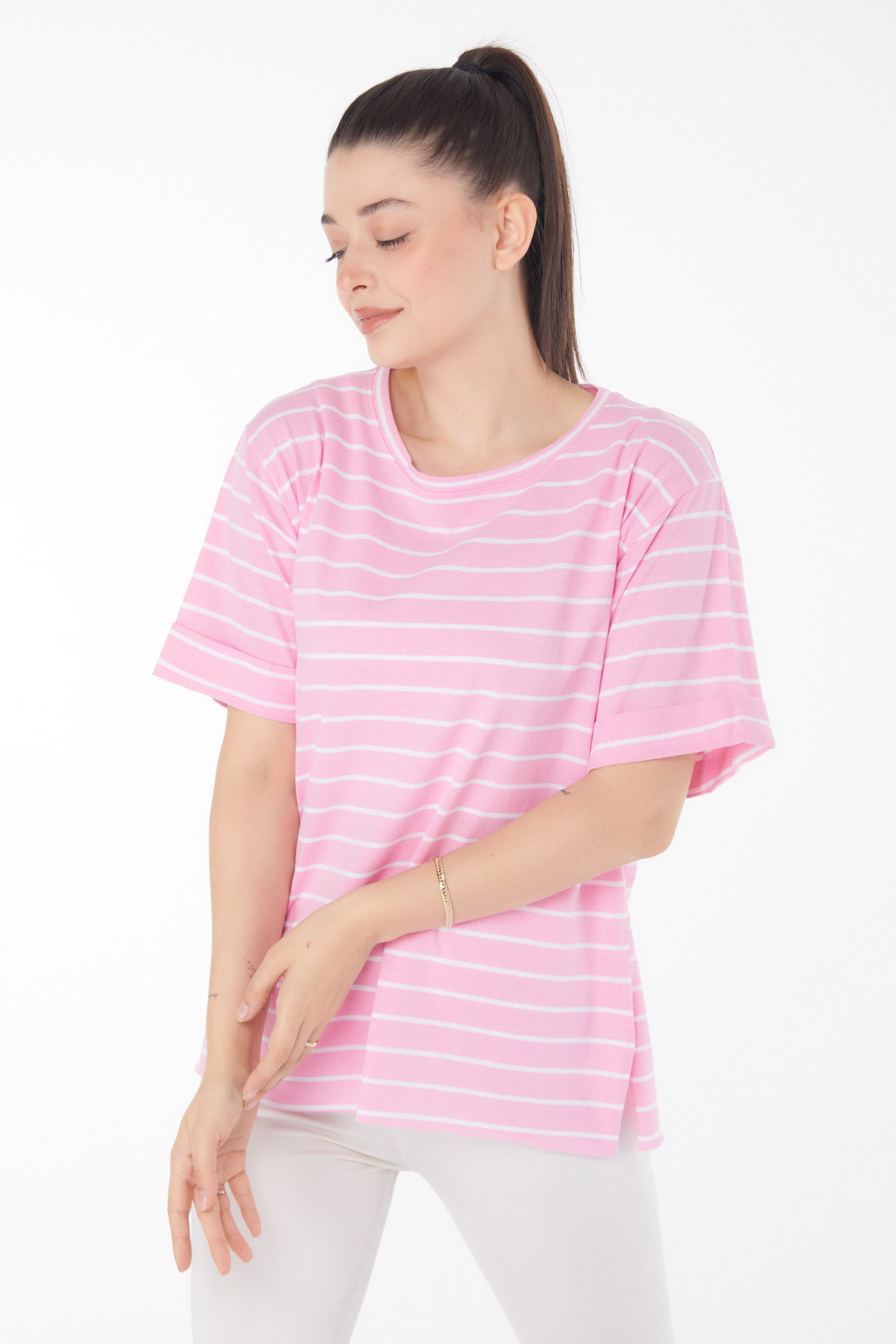 Çizgili Kısa Kollu T-shirt Pembe - 25840 - 1