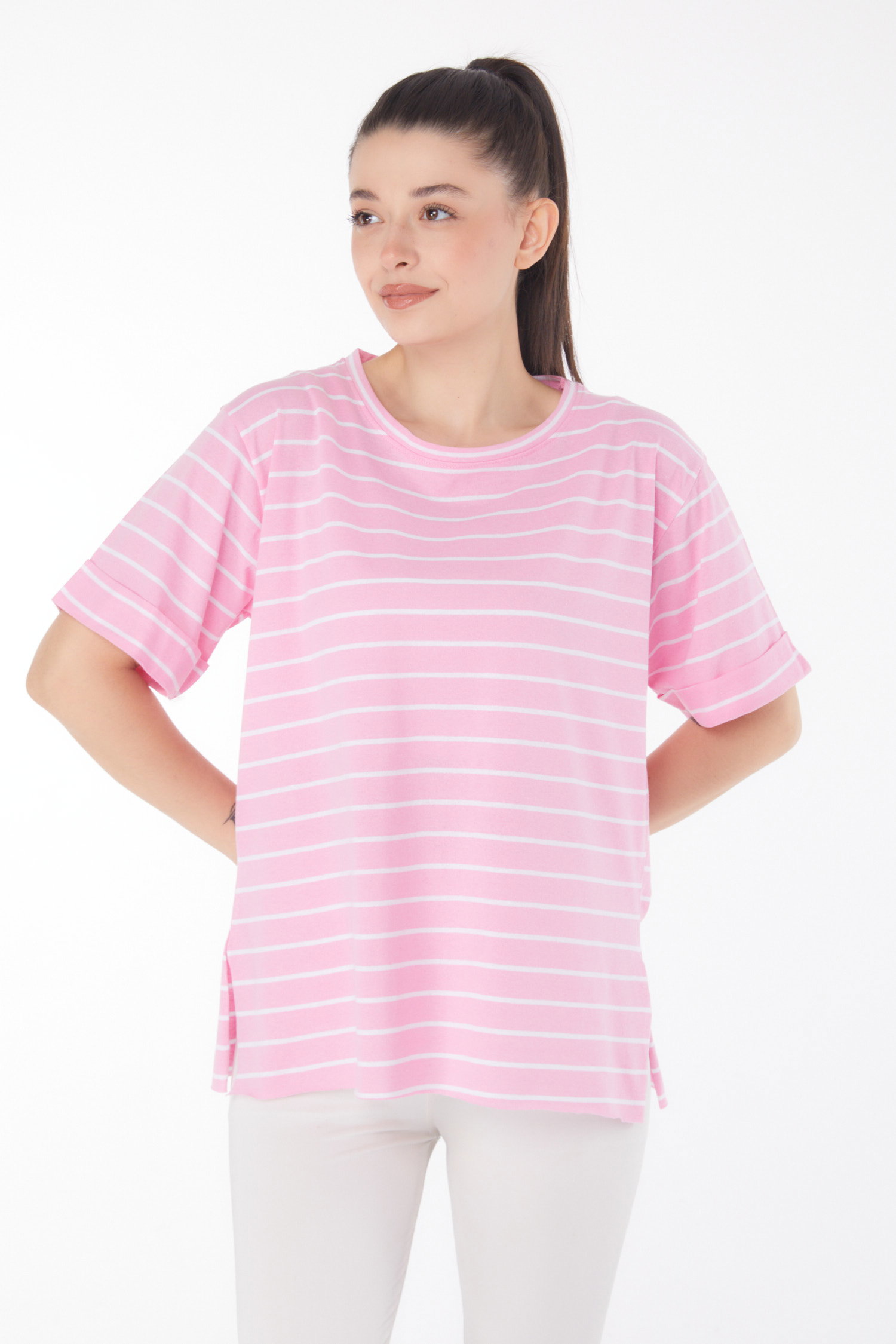 Çizgili Kısa Kollu T-shirt Pembe - 25840 - 2