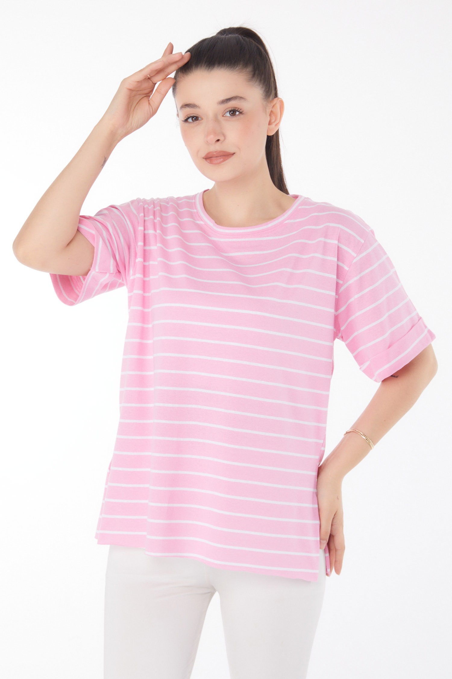 Çizgili Kısa Kollu T-shirt Pembe - 25840 - 3