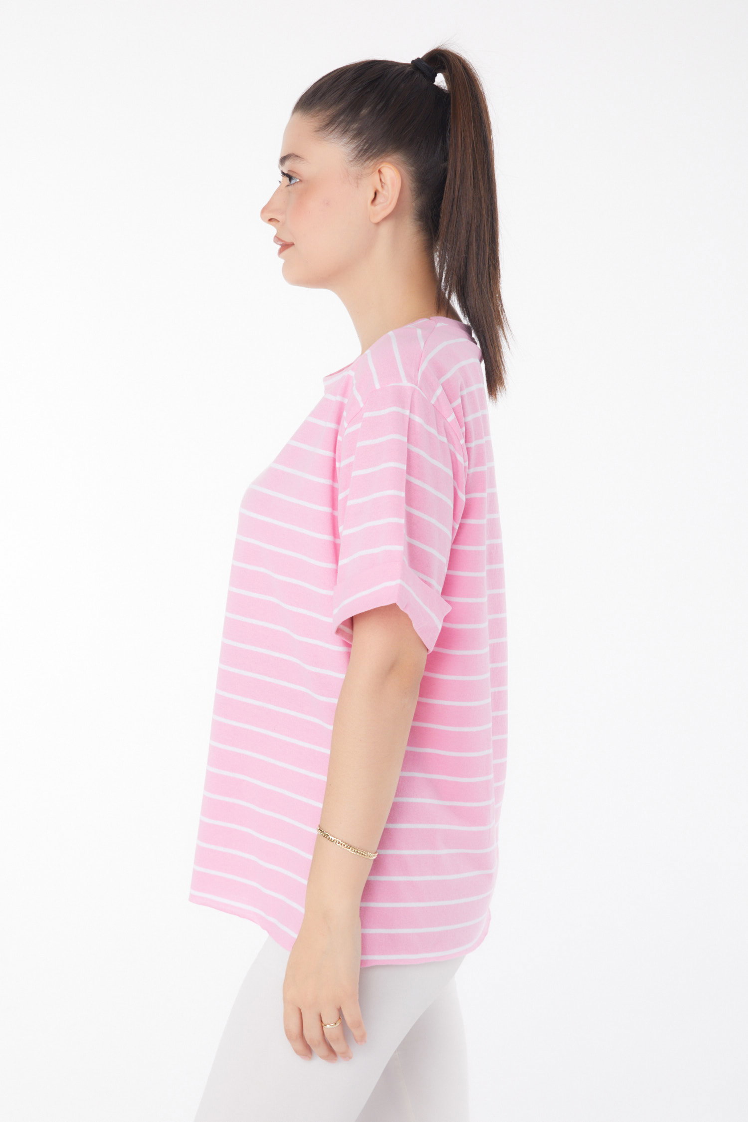 Çizgili Kısa Kollu T-shirt Pembe - 25840 - 4