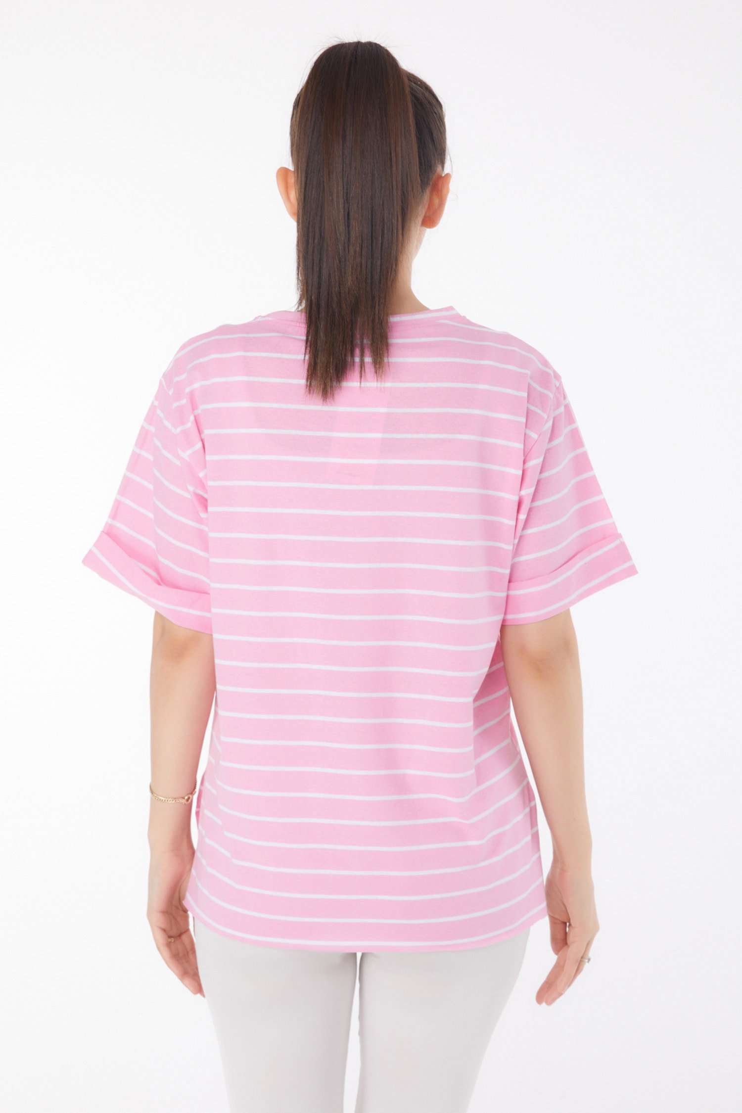 Çizgili Kısa Kollu T-shirt Pembe - 25840 - 5