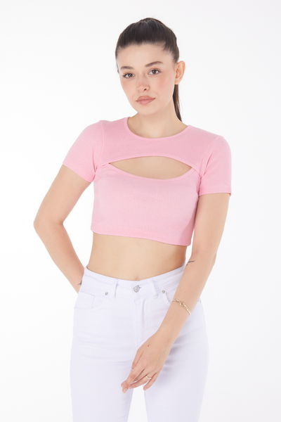 Düz Bisiklet Yaka Kadın Pembe Crop - 25852 