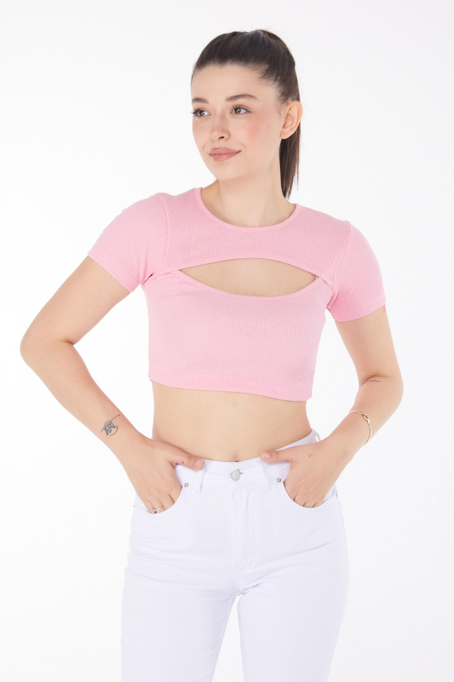 Düz Bisiklet Yaka Kadın Pembe Crop - 25852 - 2
