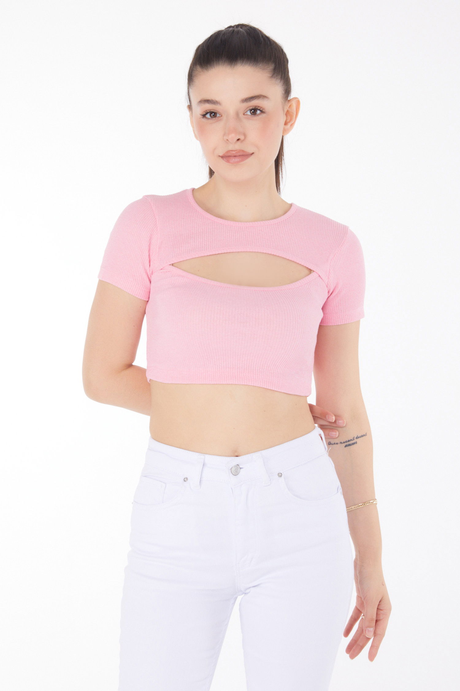 Düz Bisiklet Yaka Kadın Pembe Crop - 25852 - 3
