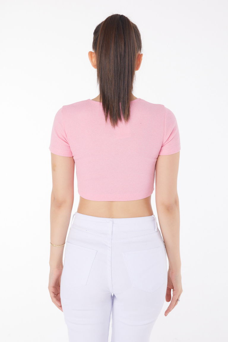 Düz Bisiklet Yaka Kadın Pembe Crop - 25852 - TOFİSA