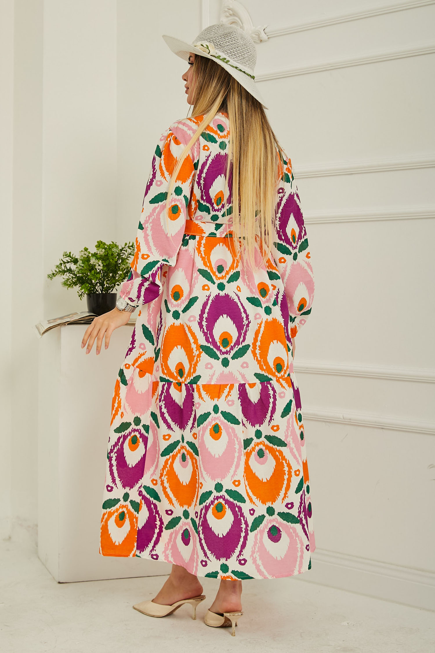 Desenli Kolu Büzgülü Elbise Pembe - 26619 - 5