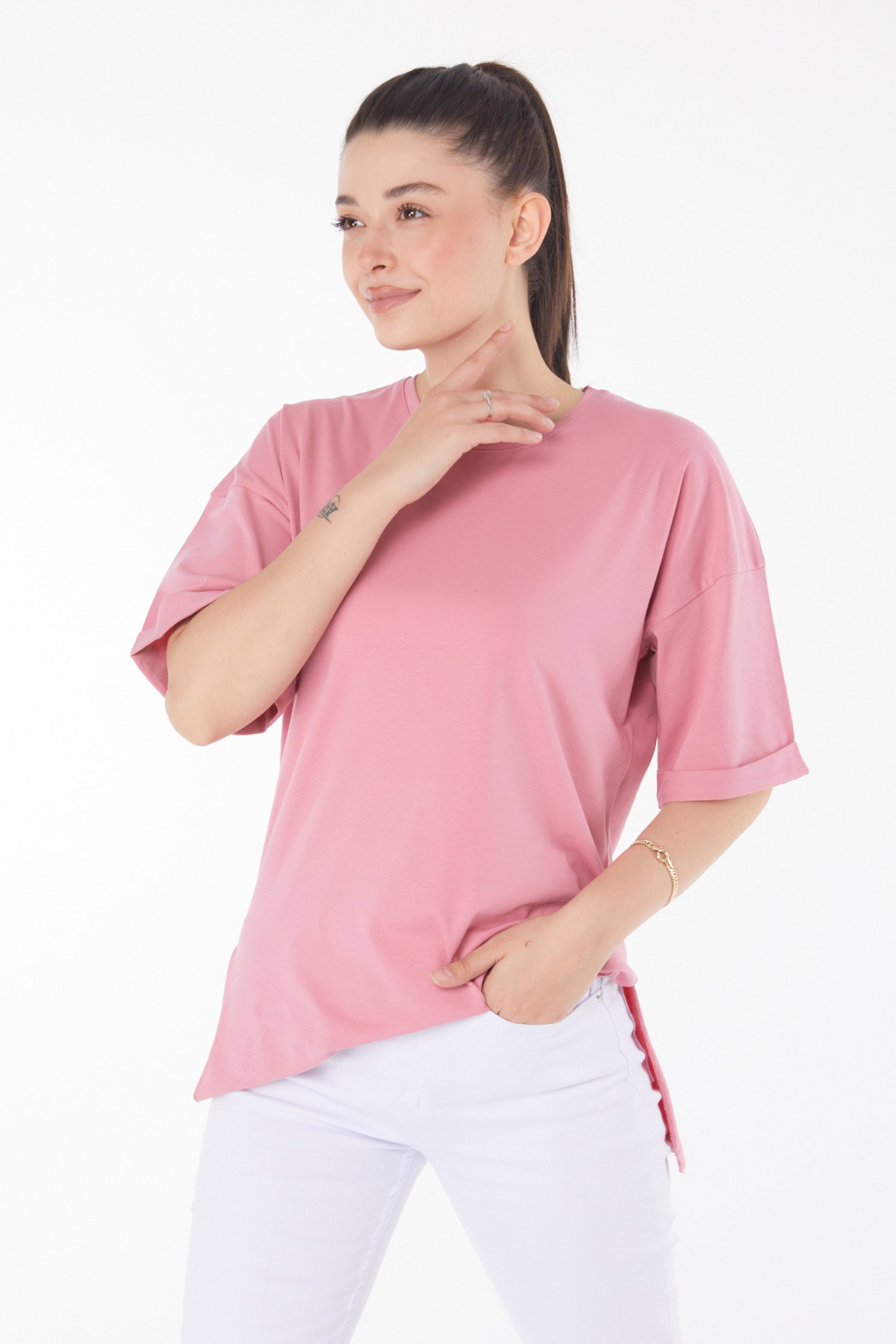 Düz Bisiklet Yaka Kadın Pembe T-Shirt - 25850 - 1