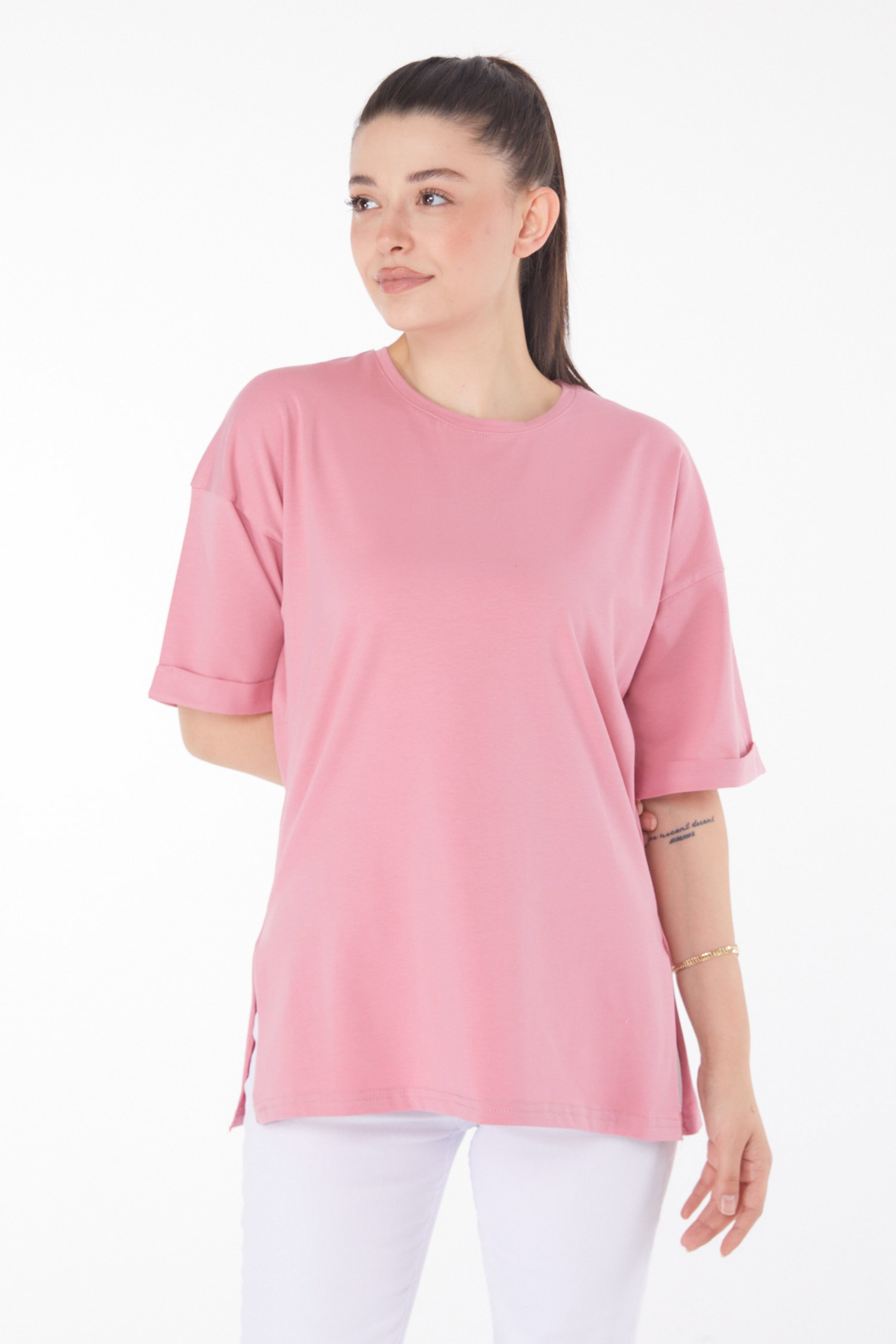 Düz Bisiklet Yaka Kadın Pembe T-Shirt - 25850 - 2
